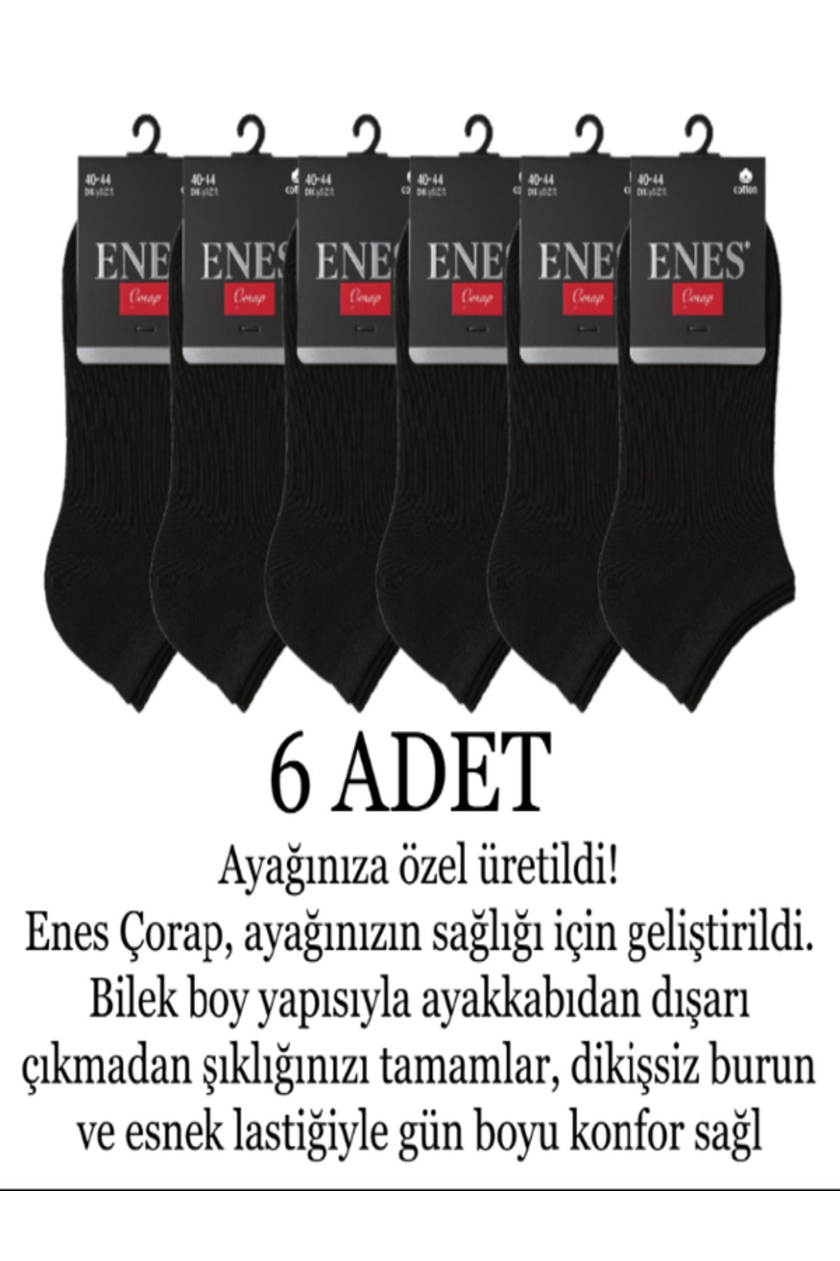 ENES Erkek Bilek Boy Dikişsiz Siyah Çorap 6'lı – %80 Pamuk, Antibakteriyel (40-44)