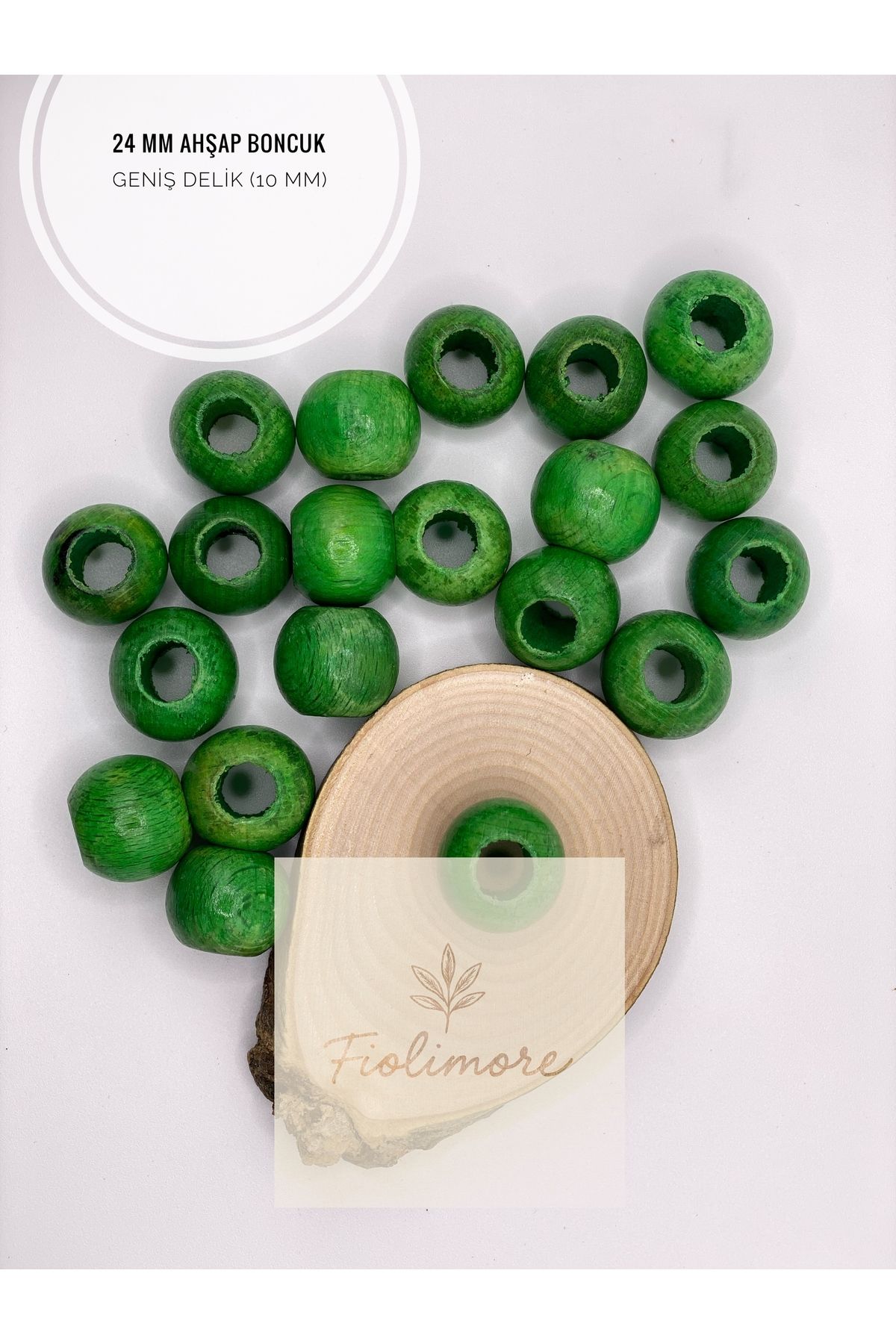 Fiolimore Fıstık Yeşil Ahşap Boncuk 24 mm (50 Gram 14 Adet) Delik Çapı 10 mm Yuvarlak Tahta Renkli Geniş Delik