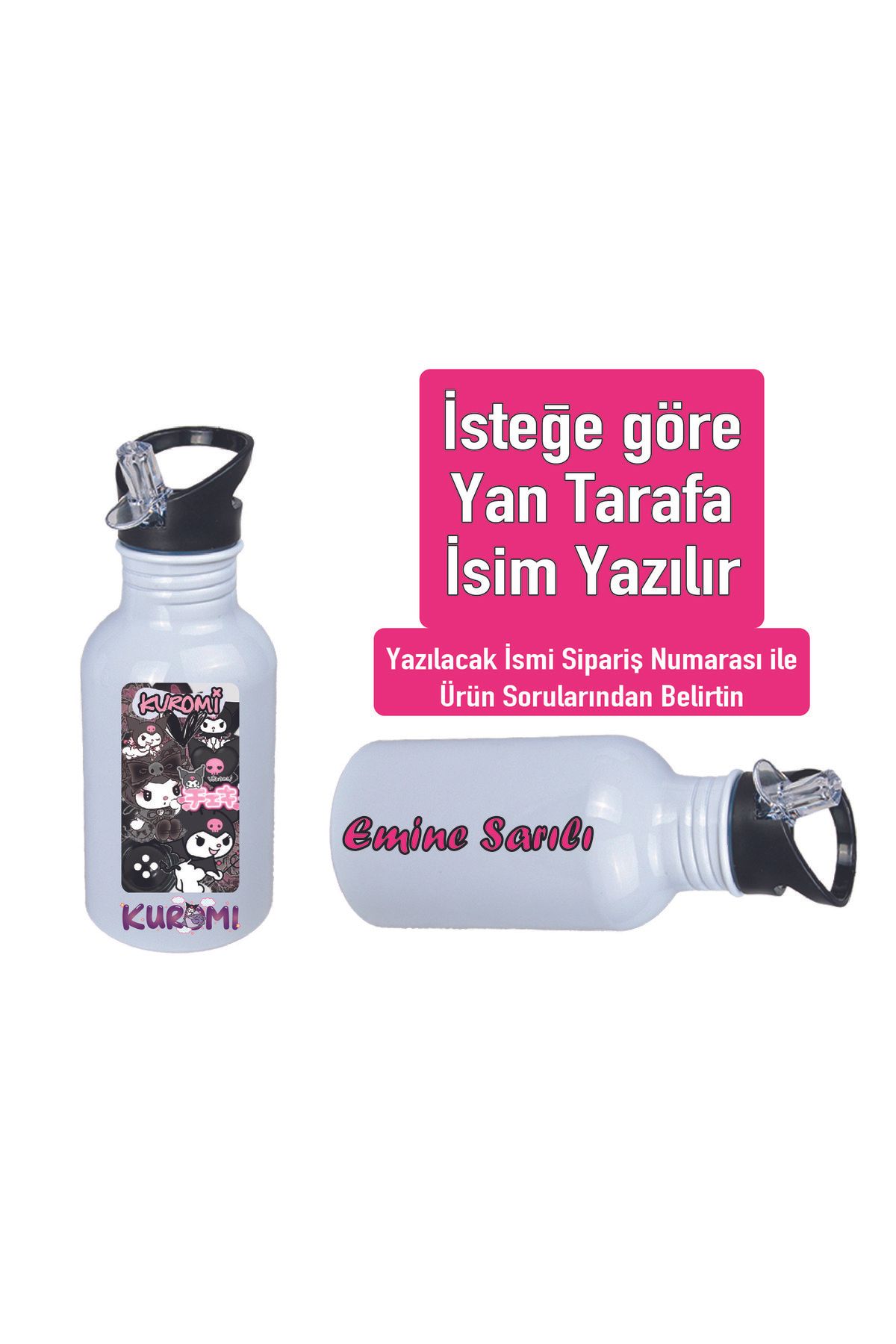 DKDZ SHOP Kuromiii Baskılı Pipetli Kancalı Metal Suluk 600ml. BEYAZ