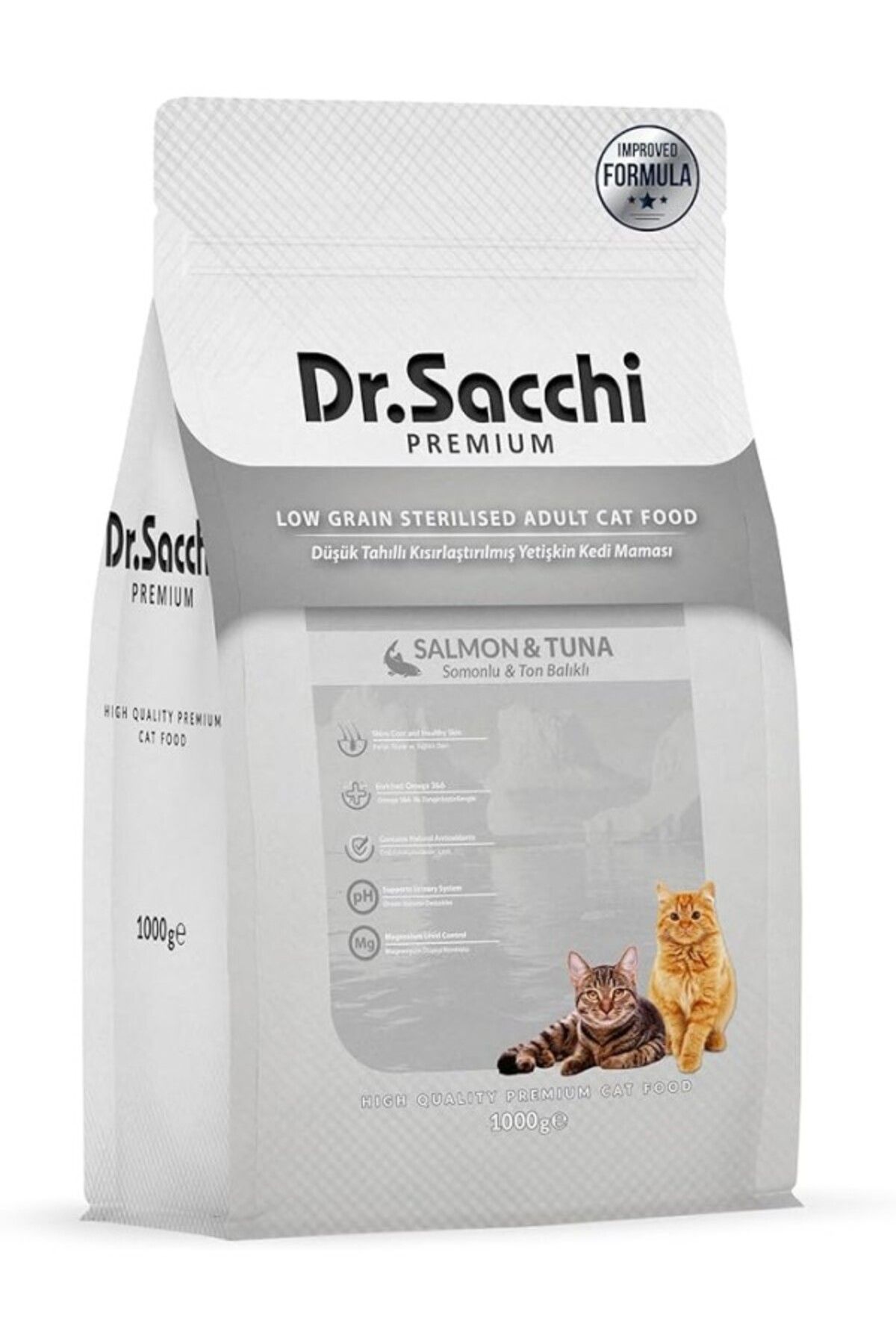 ShopZum Dr.sacchi Premium Düşük Tahıllı Somonlu Ve Ton Balıklı Kısırlaştırılmış Kedi Maması 1 Kg