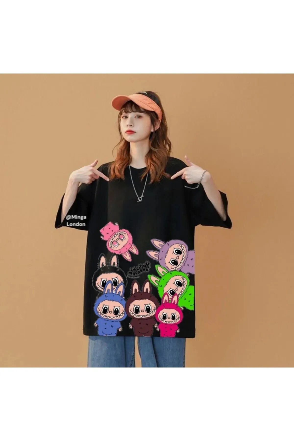 DEEFWEAR Siyah Labubu Friends Ön Baskılı Oversize Unisex T-shirt