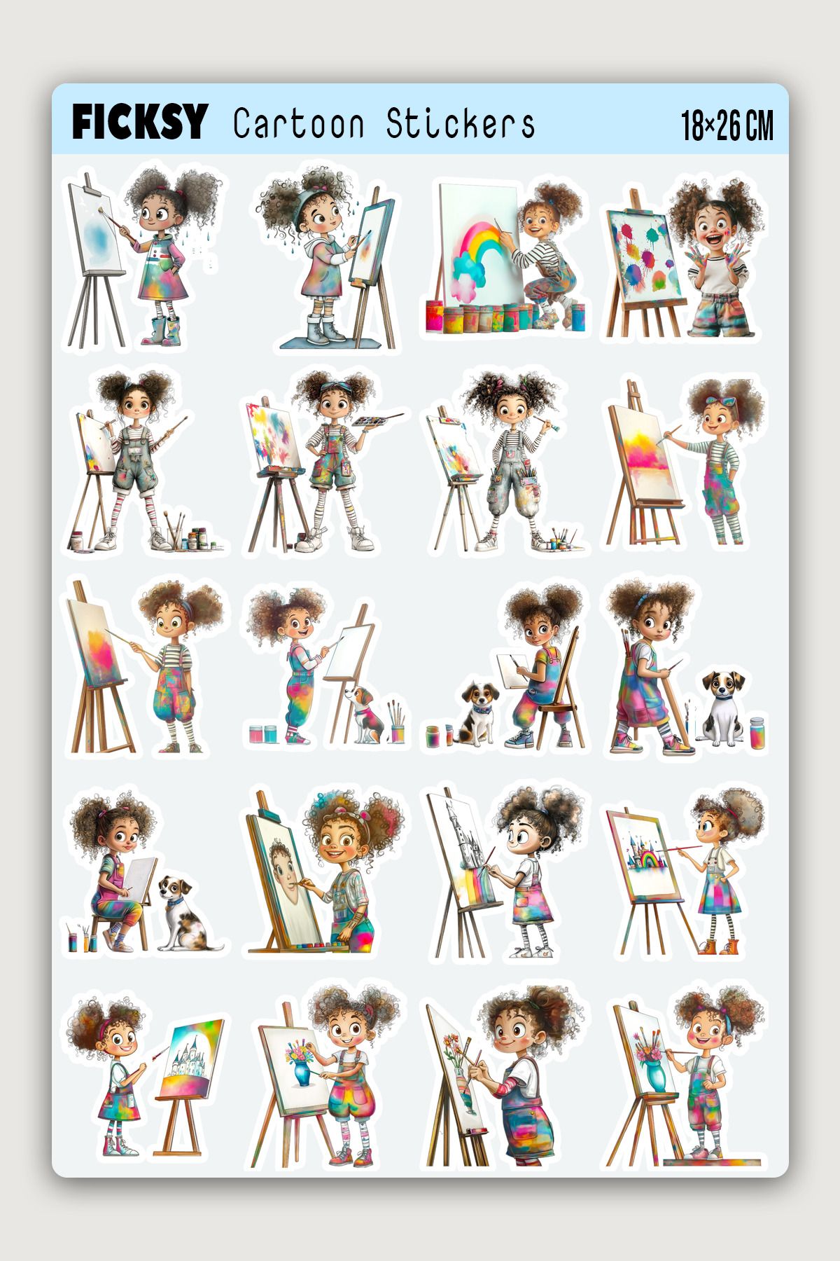 Ficksy Sevimli Ressam Kız Sticker Seti - 20 Adet Etiket Çıkartma