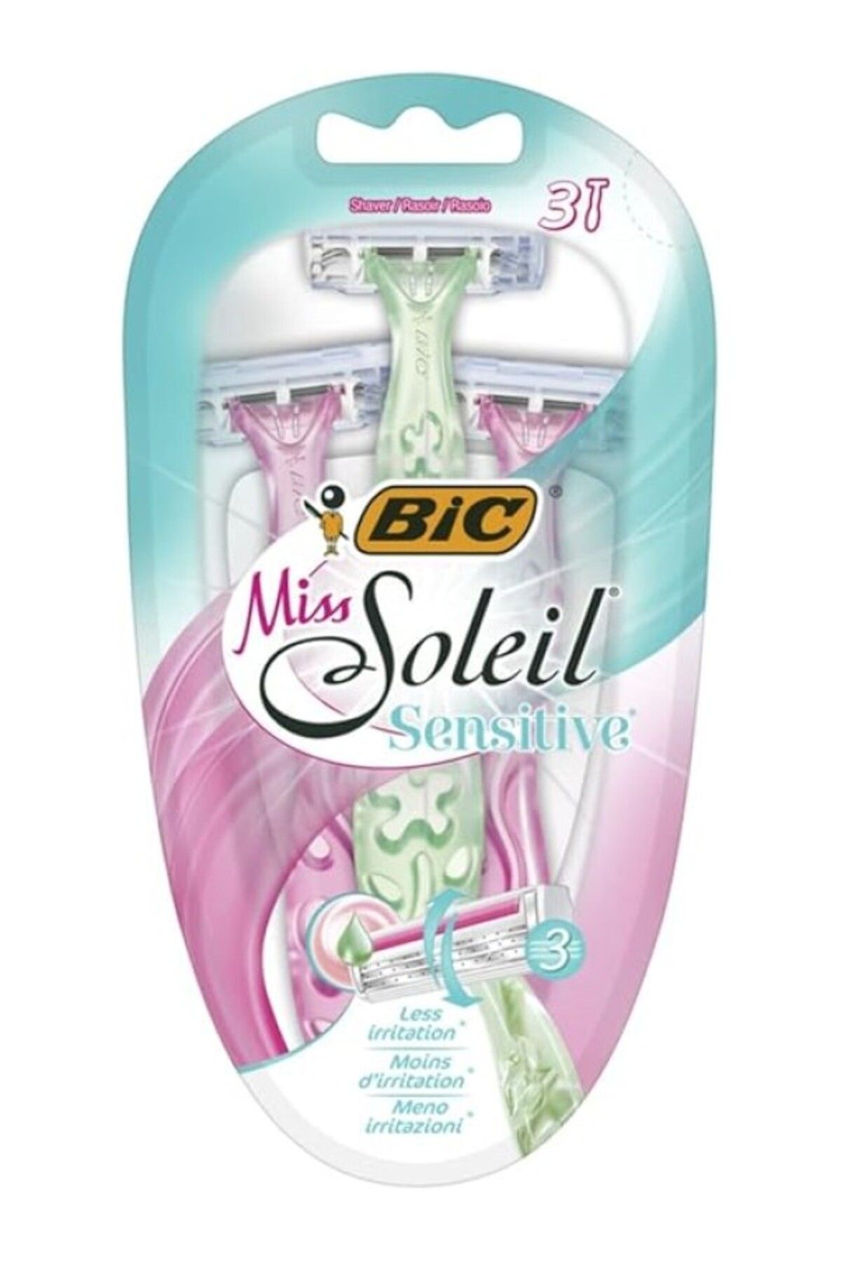ShopZum Miss Soleil Sensitive Kadın Tıraş Bıçağı 3'Lü Blister (3 Bıçak), Oynar Başlık, Aloe Vera Ile