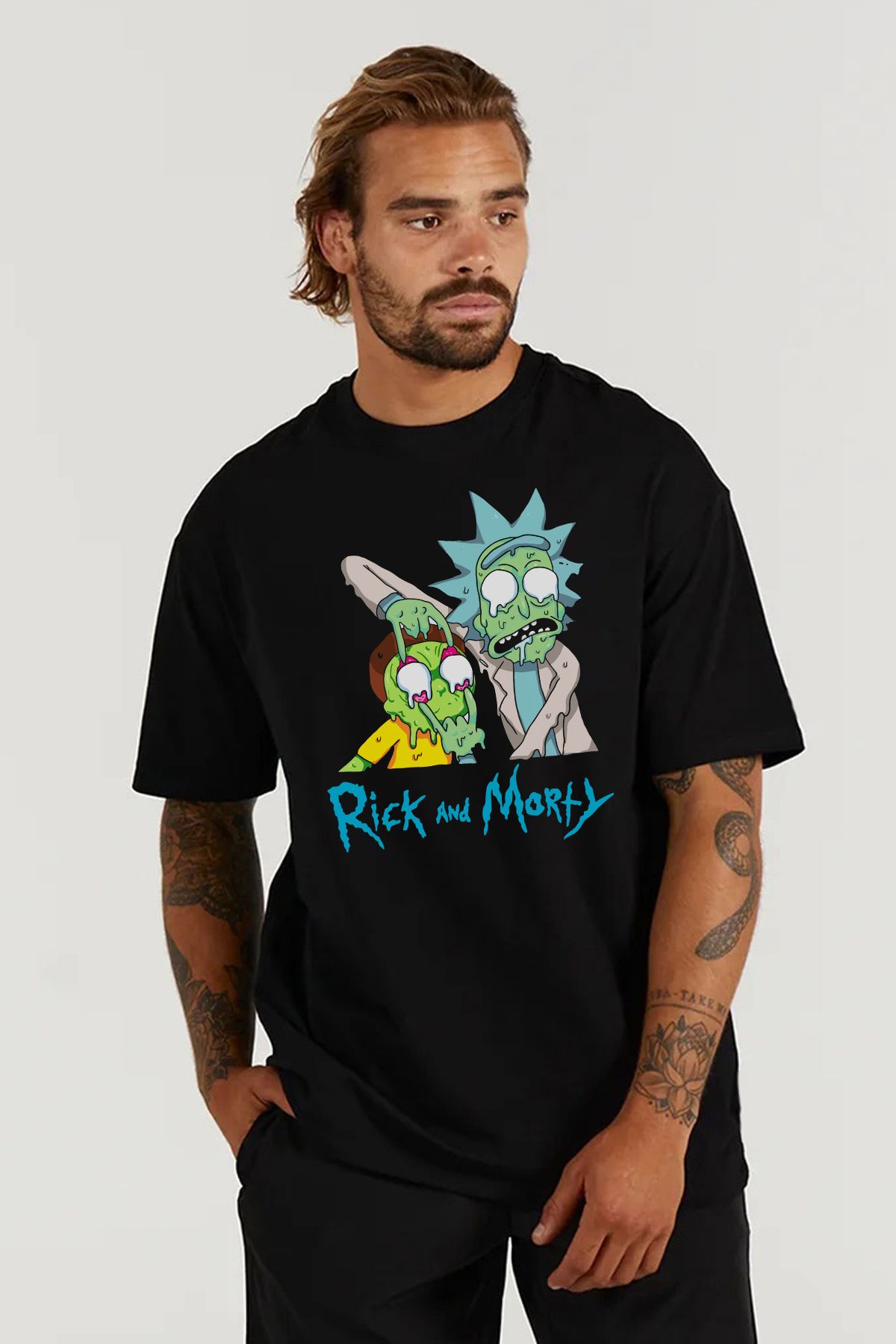 MODA Rick And Morty Baskılı Oversize Kalıp Siyah Geniş Bol Kesim Erkek Tişört