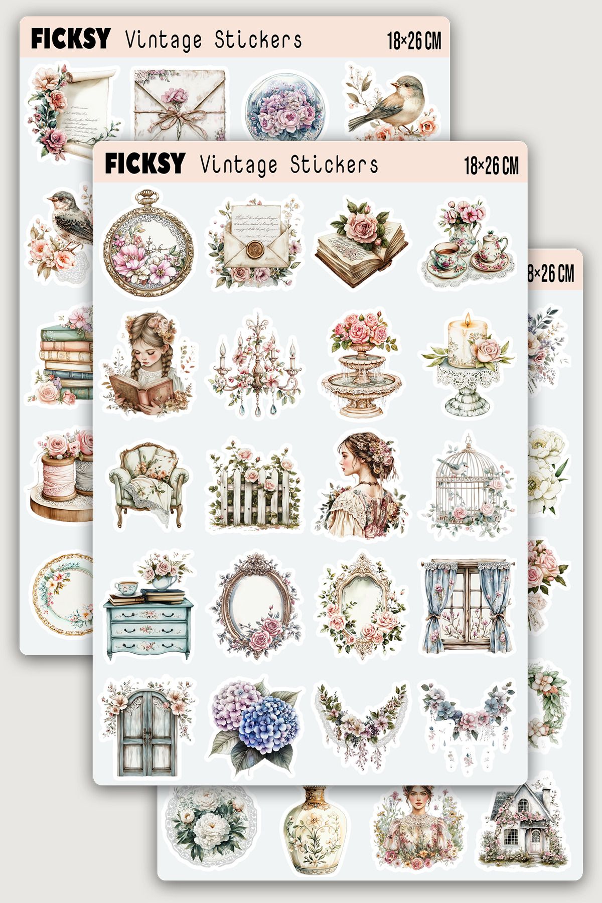 Ficksy İlkbahar Çiçekleri Temalı Vintage Sticker Seti - 60 Adet Etiket Çıkartma