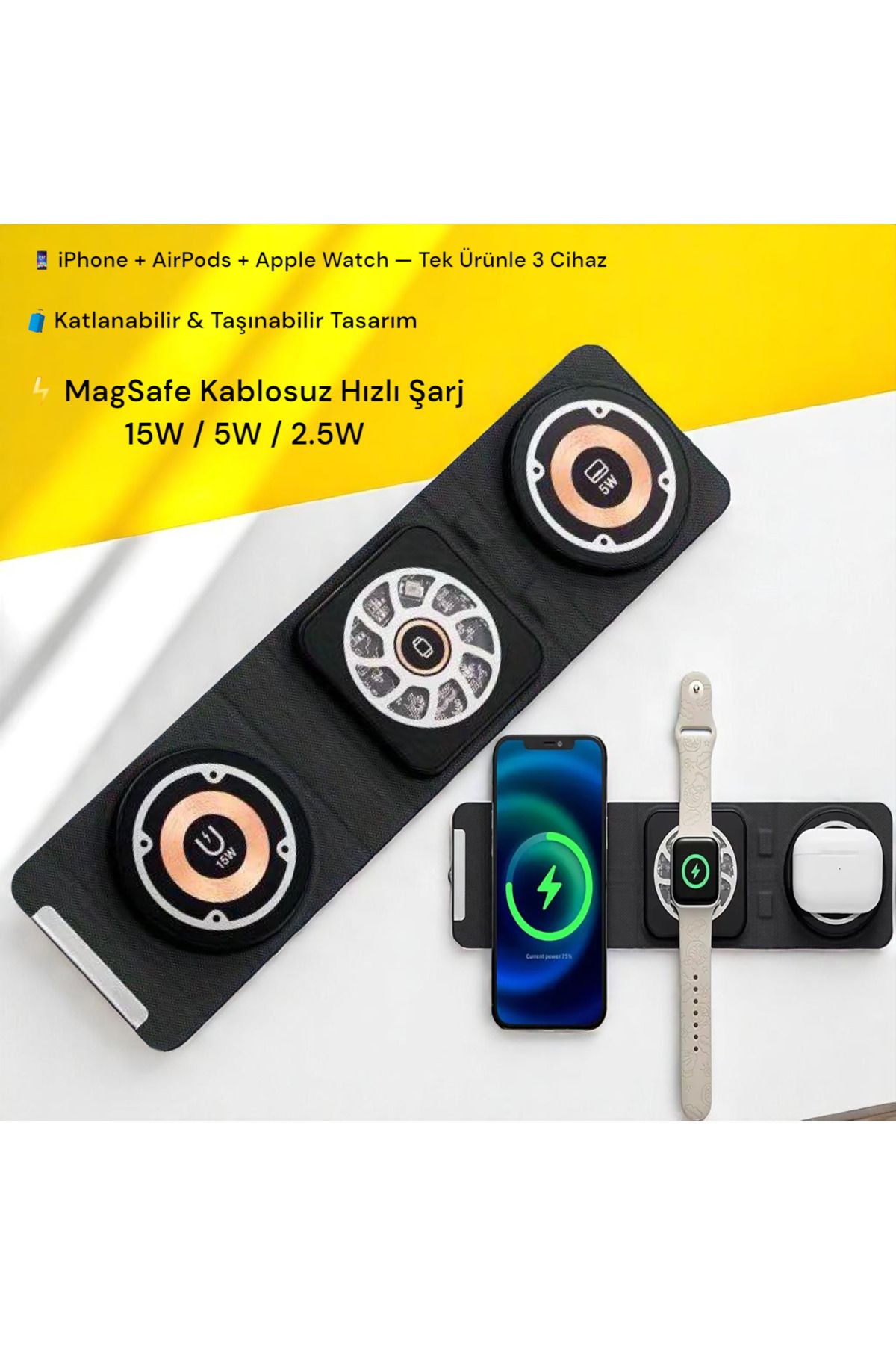 Kılıforyum Katlanabilir 3’ü 1 Arada MagSafe Kablosuz Şarj Aleti | iPhone + AirPods + Apple Watch Uyumlu