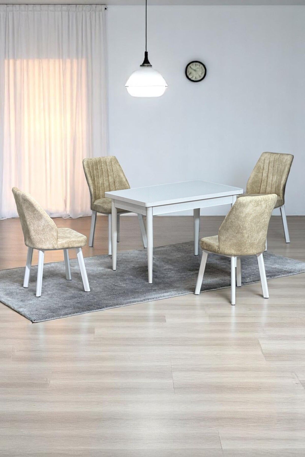 ARVEN Beyaz Sunta 70x110 Sabit Mutfak Masası Takımı Beyaz Metal Ayak 4 Krem Sandalye-0