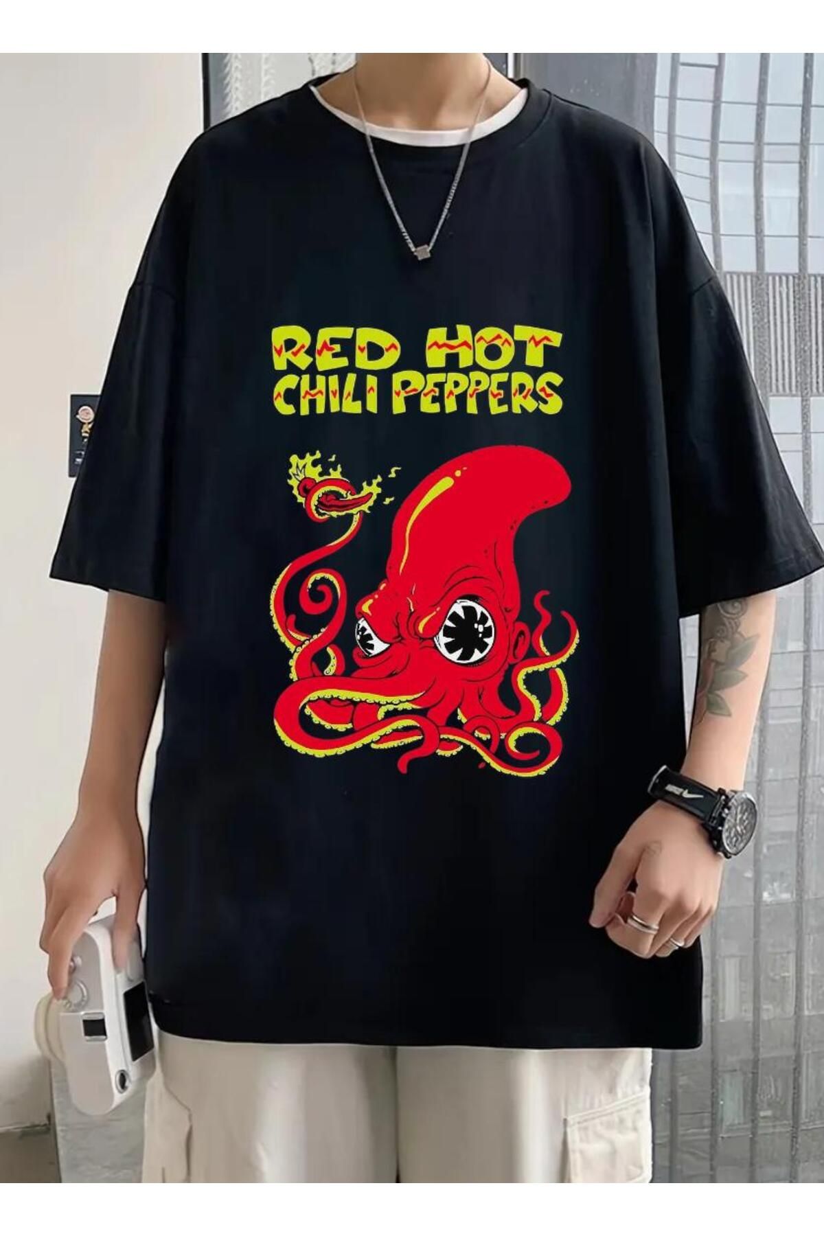 DEEFWEAR Siyah Red Hot Octopus Unisex Ön Baskılı Oversize Tshirt
