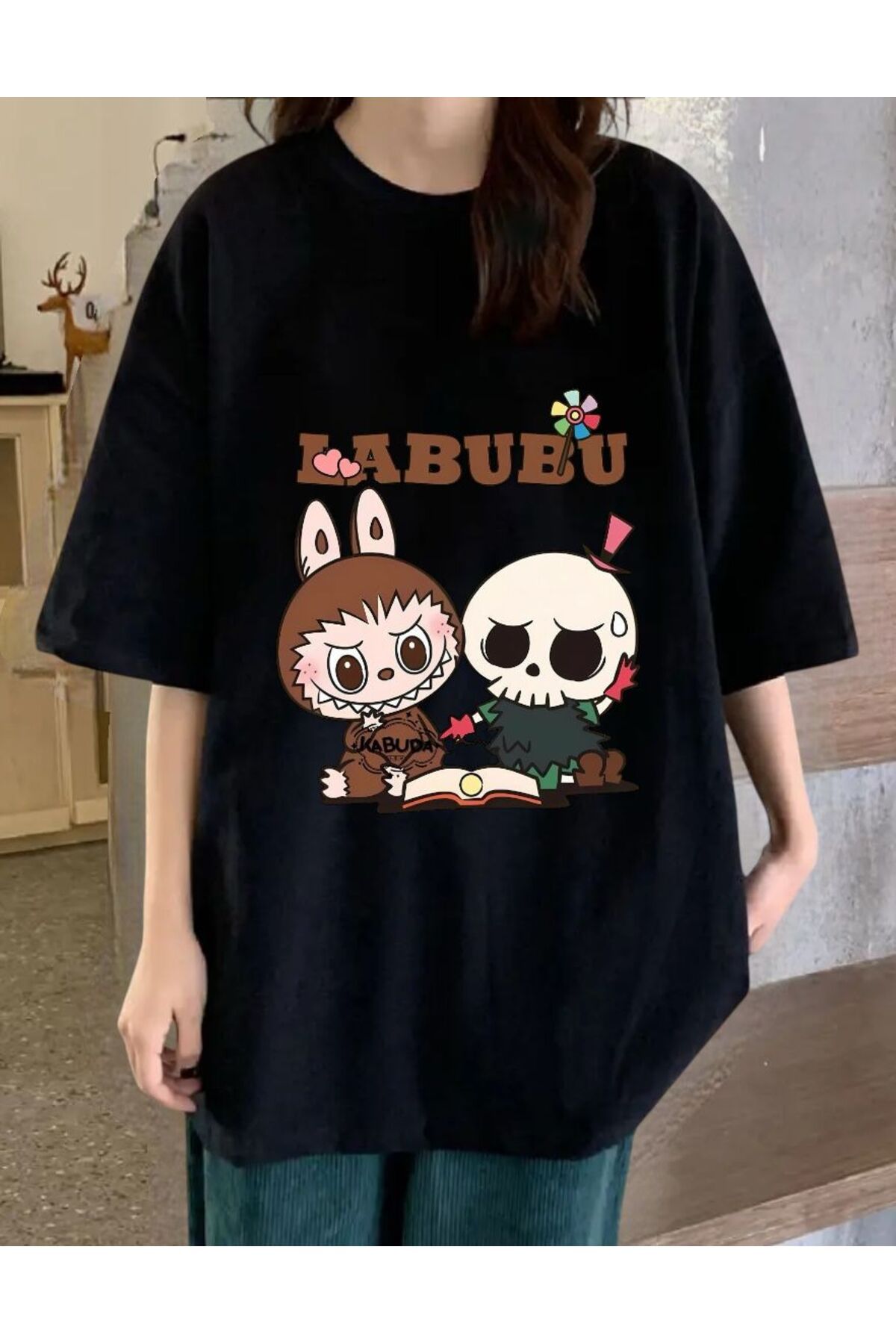 DEEFWEAR Siyah Labubu Skeleton Animation Ön Baskılı Unisex Oversize Tshirt