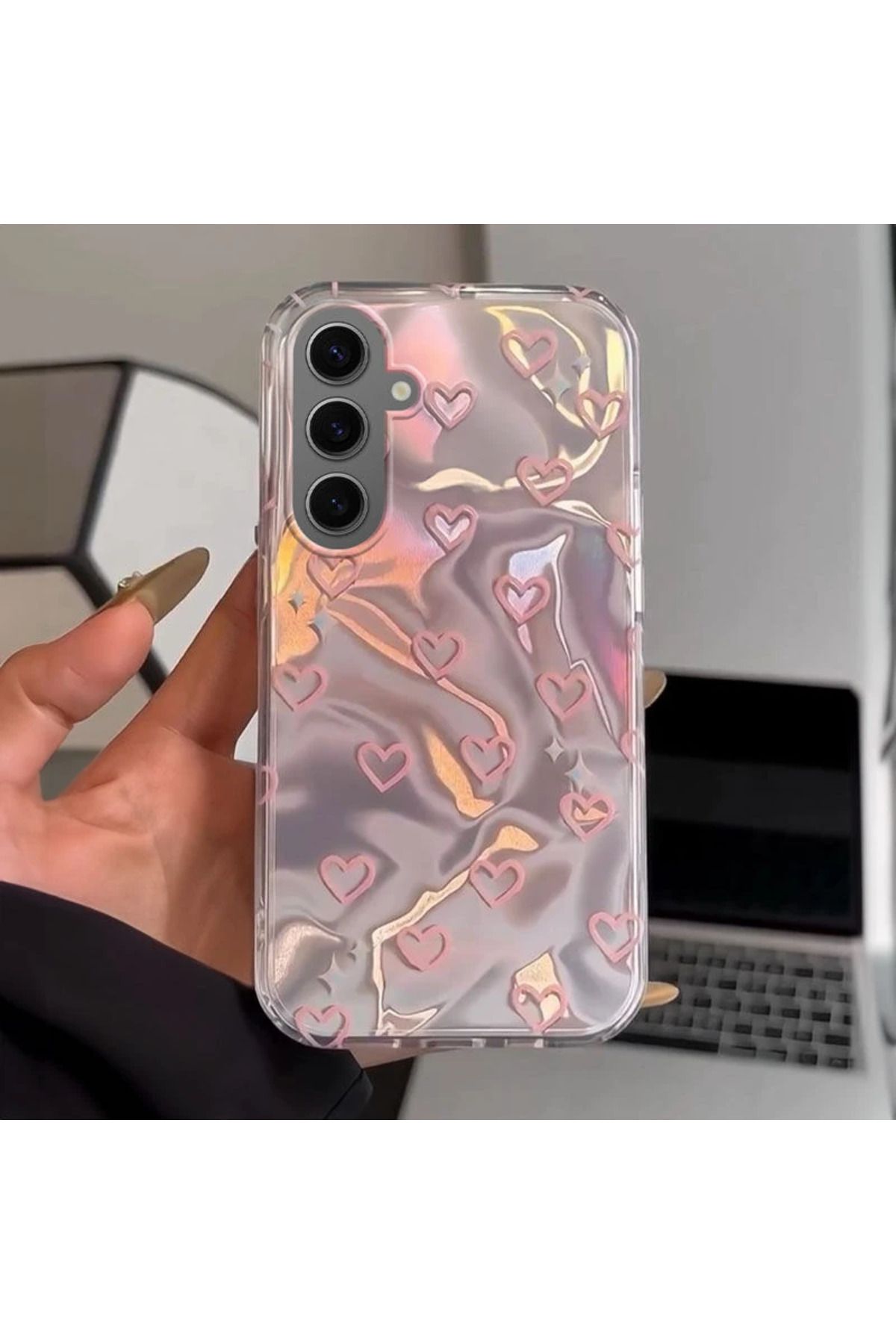 RONA STORE Samsung Galaxy S23 Uyumlu Zebana Pembe Kalp Desenli Silikon Kılıf