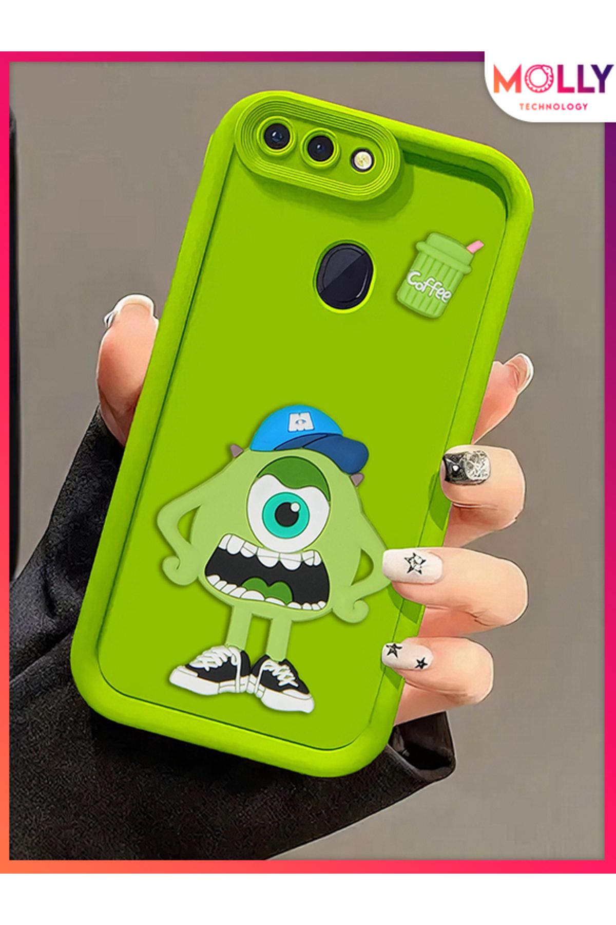 Molly Oppo AX7 İçin Yeşil Kenarları Kalın 3d Kabartmalı Sevimli Canavar Mike Silikon Kılıf