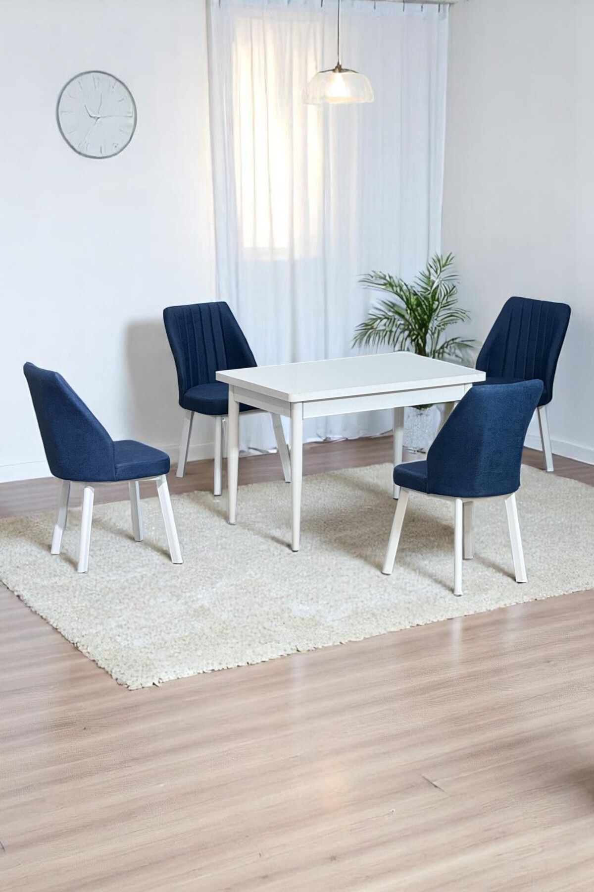 ARVEN Beyaz Sunta 70x110 Sabit Mutfak Masası Takımı Beyaz Metal Ayak 4 Lacivert Sandalye-0