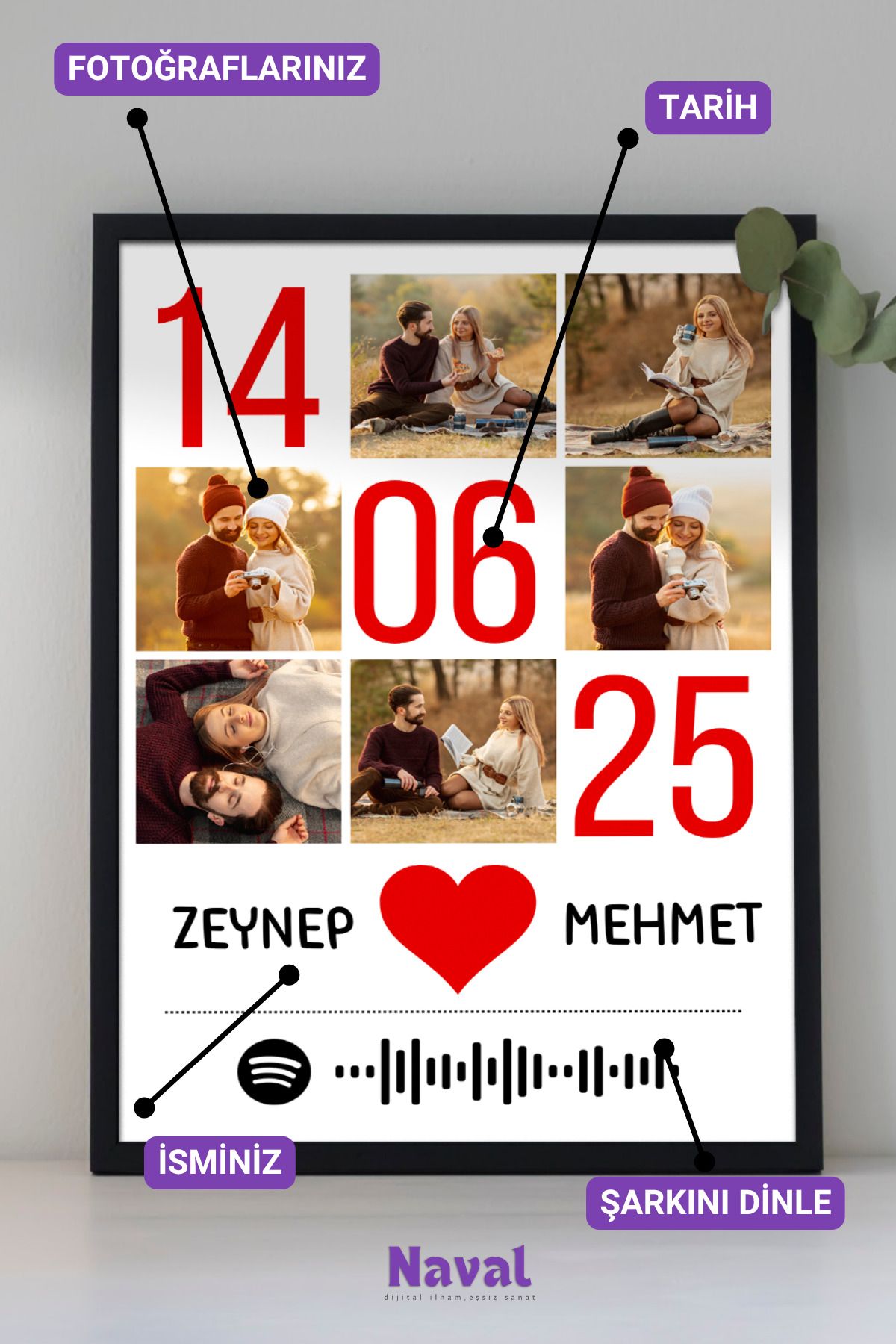 Naval Art Kişiye Özel Aşk Takvimi – Spotify Barkodlu Özel Tasarım Poster Siyah Çerçeveli Tablo