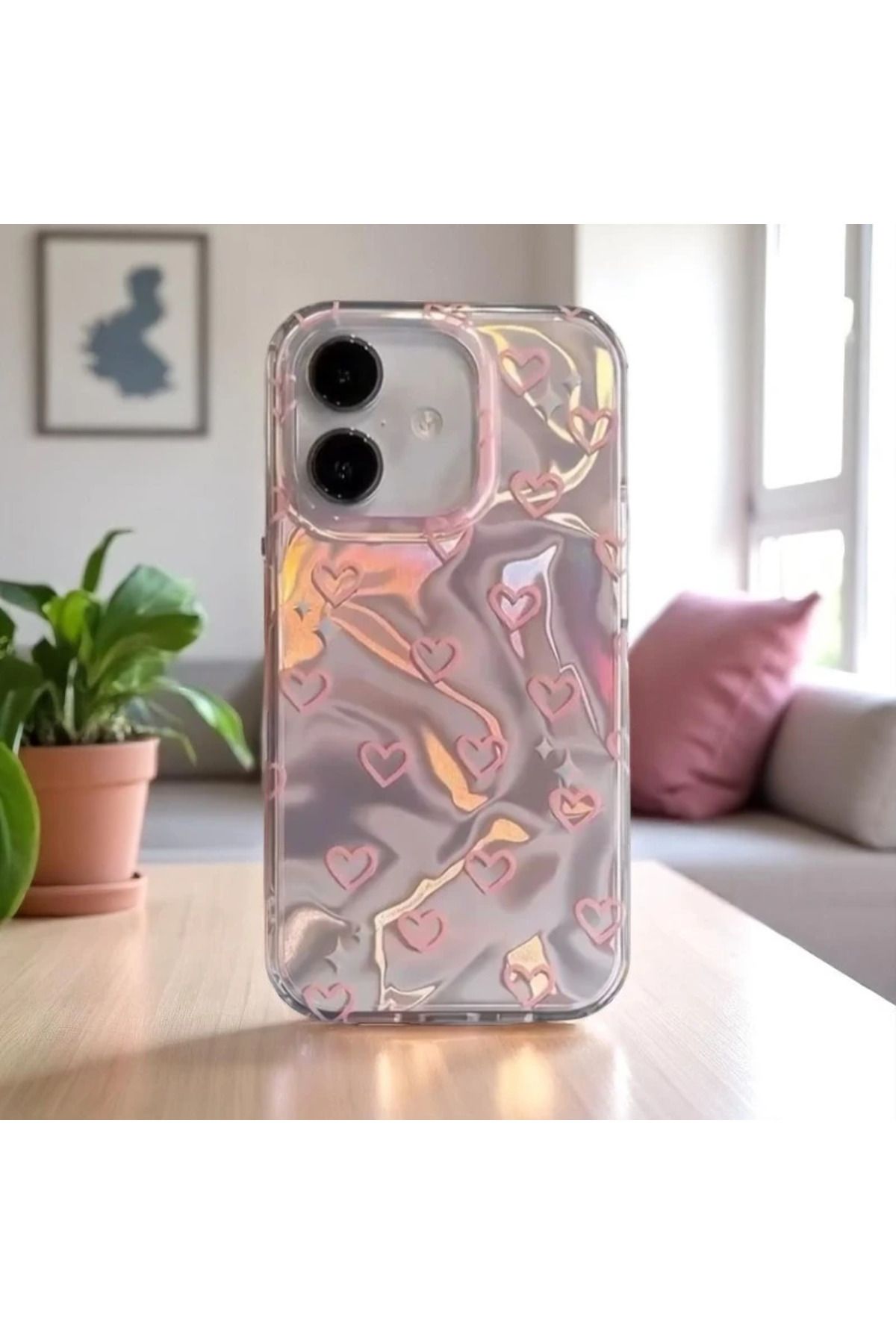 RONA STORE Apple iPhone 12 Uyumlu Zebana Pembe Kalp Desenli Silikon Kılıf