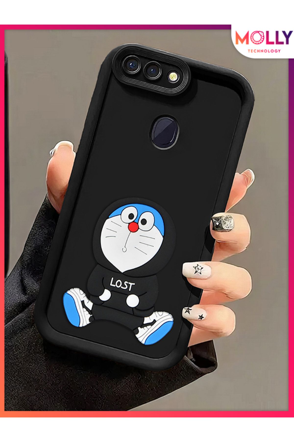 Molly Oppo AX7 İçin Siyah Kenarları Kalın 3d Kabartmalı Doraemon Silikon Kılıf