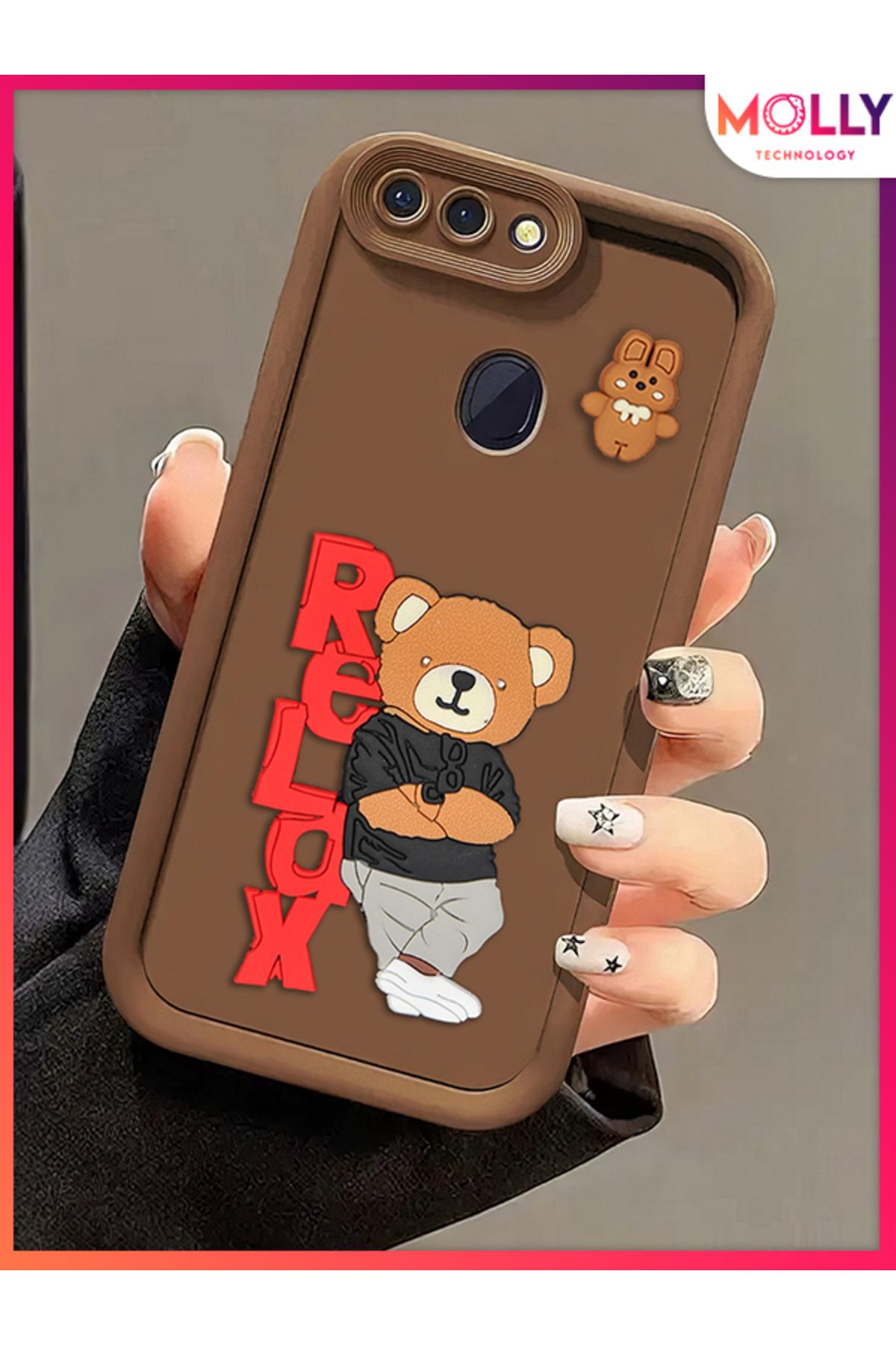 Molly Oppo A5s İçin Fallow Brown Kenarları Kalın 3d Kabartmalı Teddy Bear Silikon Kılıf