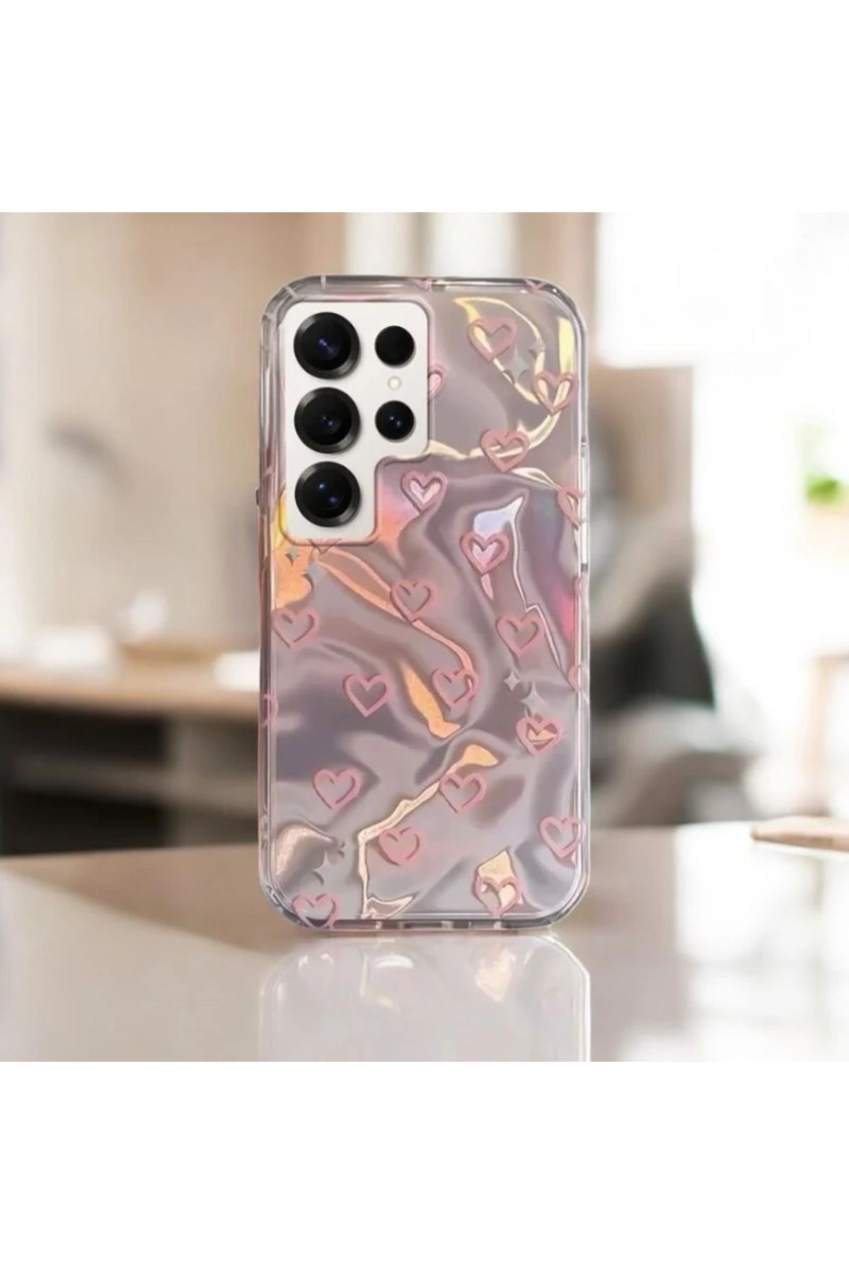 RONA STORE Samsung Galaxy S23 Ultra Uyumlu Zebana Pembe Kalp Desenli Silikon Kılıf