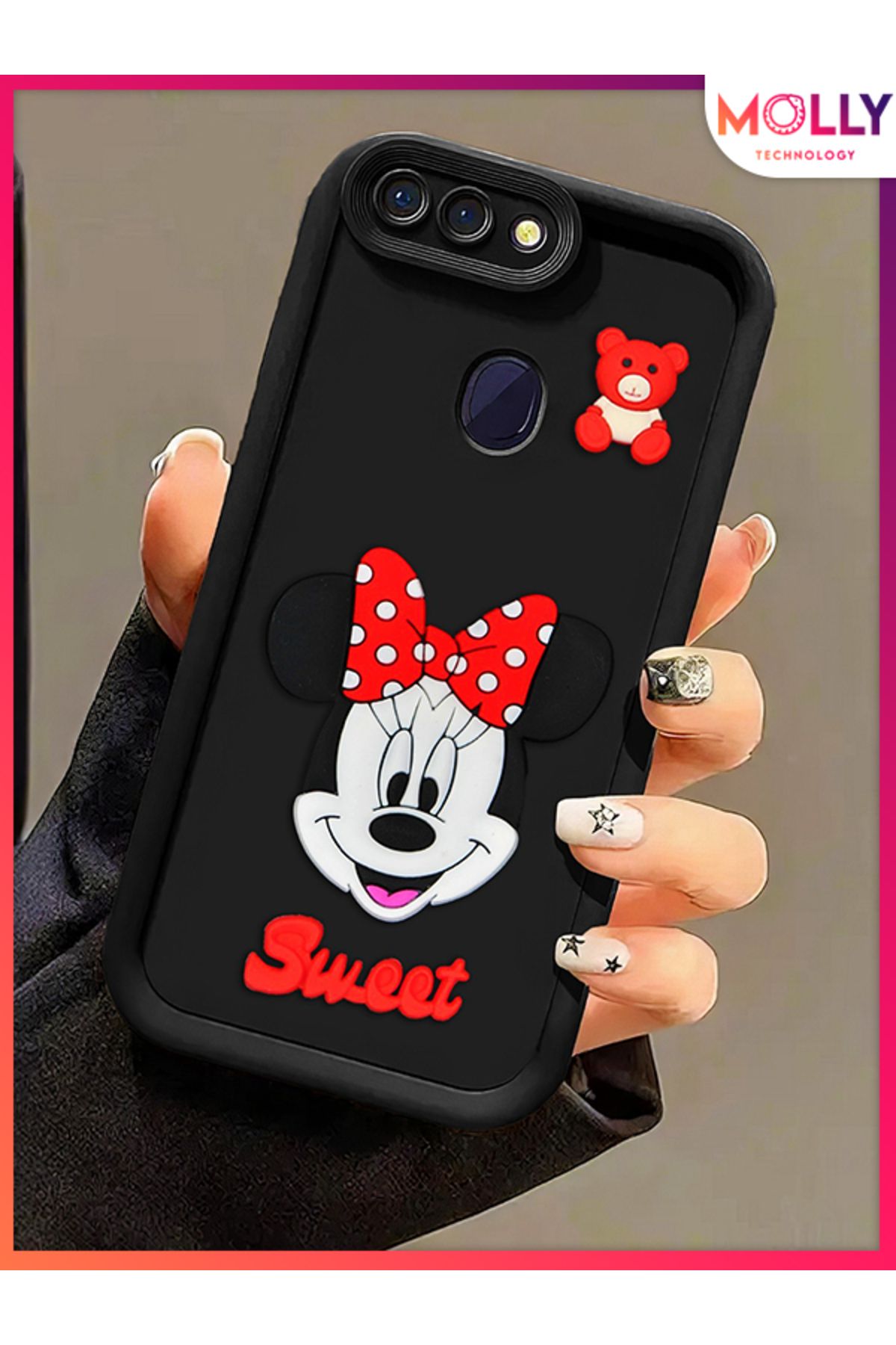 Molly Oppo AX7 İçin Siyah Kenarları Kalın 3d Kabartmalı Sevimli Minnie Silikon Kılıf