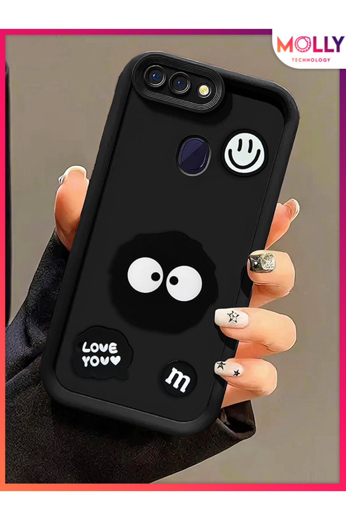 Molly Oppo A5s İçin Siyah Kenarları Kalın 3d Kabartmalı Cute Doodle Silikon Kılıf