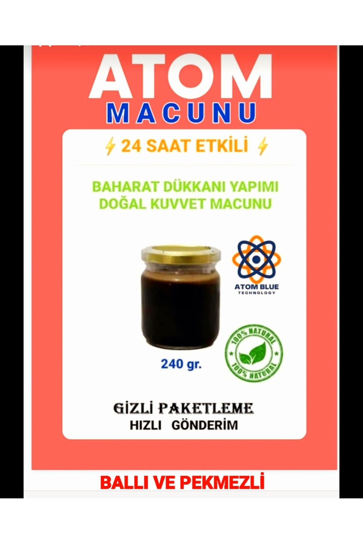 HANZADE GURME DOĞAL BALLI VE PEKMEZLİ KUVVET, ATOM MACUNU 240 GR BİTKİSEL KARIŞIM MACUN