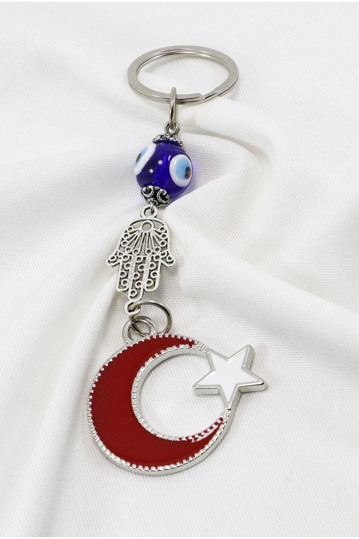 biuti El Yapımı Cam Nazar Boncuklu Hamse Ay Yıldız Anahtarlık, Hediyelik Anahtarlık