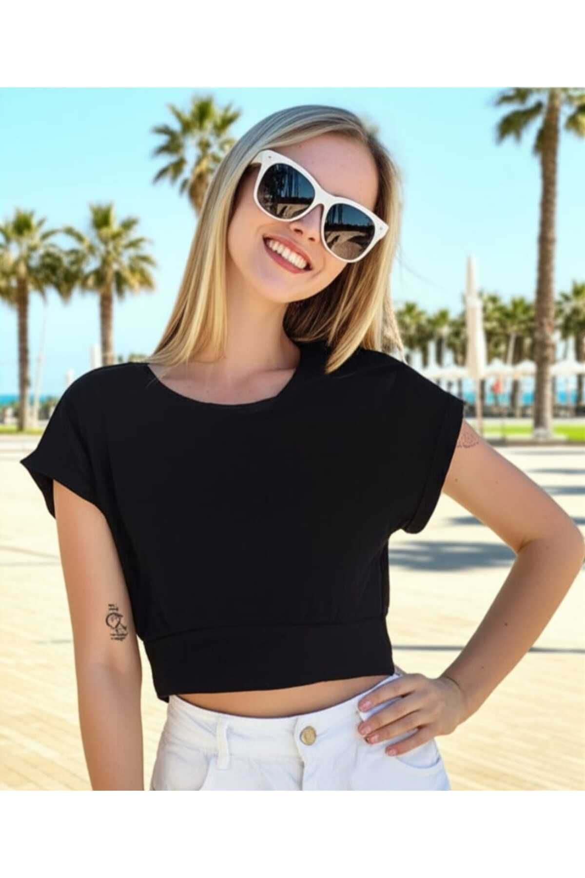 SSO Casual Siyah Katlamalı Kollu Bisiklet Yaka Crop T-Shirt