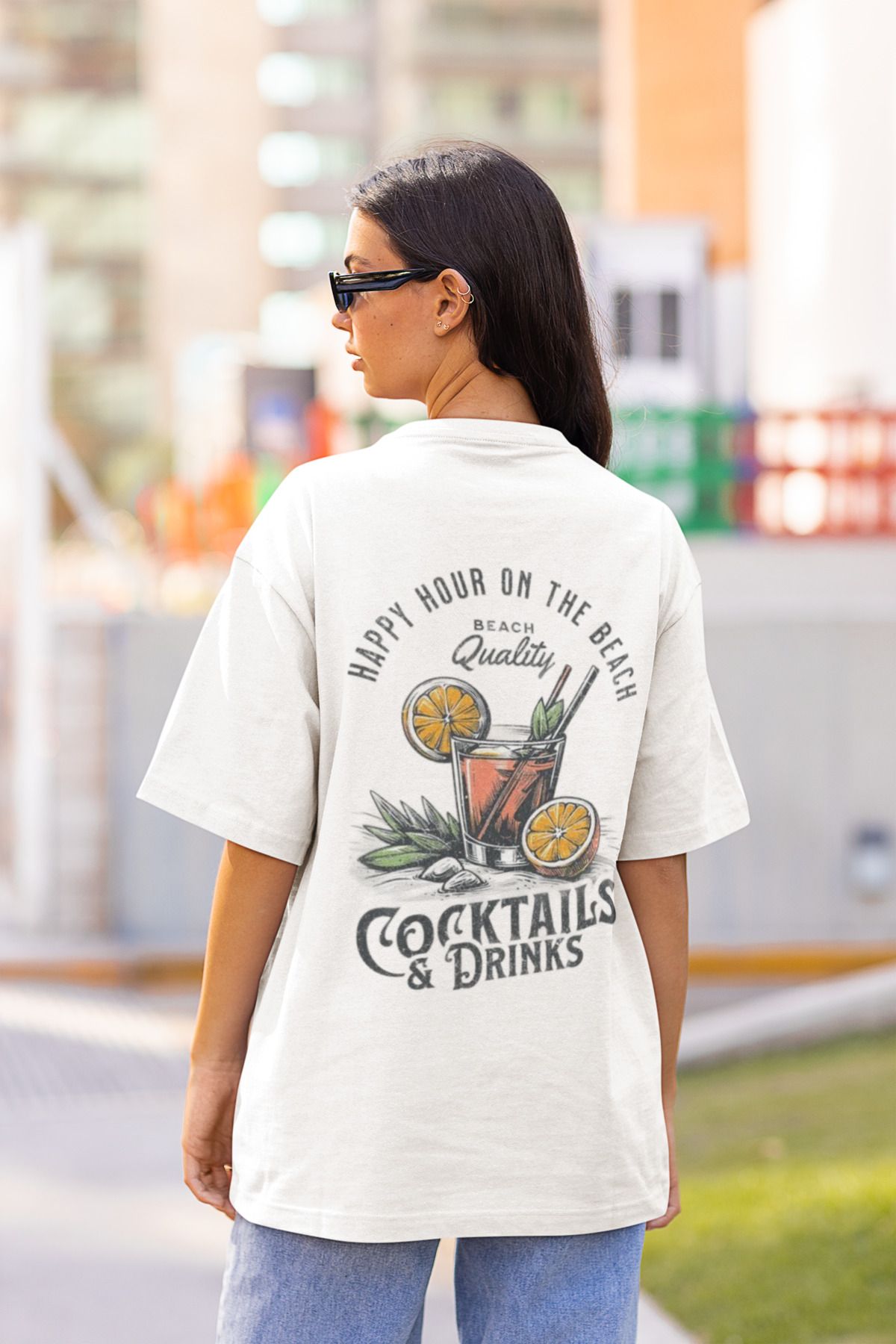 MAGORS COCTAILS DRINK SIRT BASKILI BİSİKLET YAKA PAMUKLU OVERSIZE KALIP KISA KOLLU KADIN TSHIRT