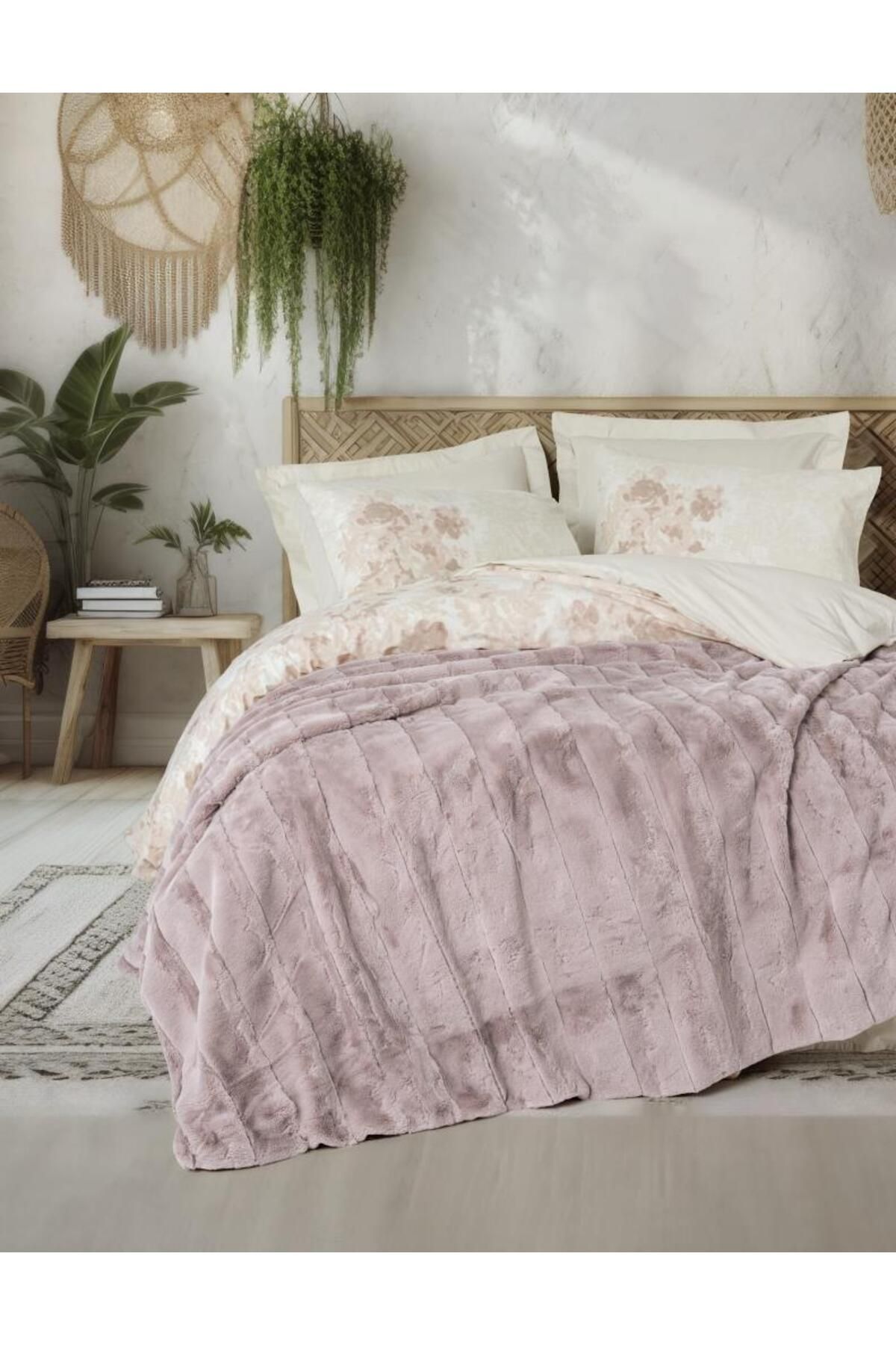merland benvecocuk Trim Çift Kişilik Battaniyeli Nevresim Takımı Suave Pudra