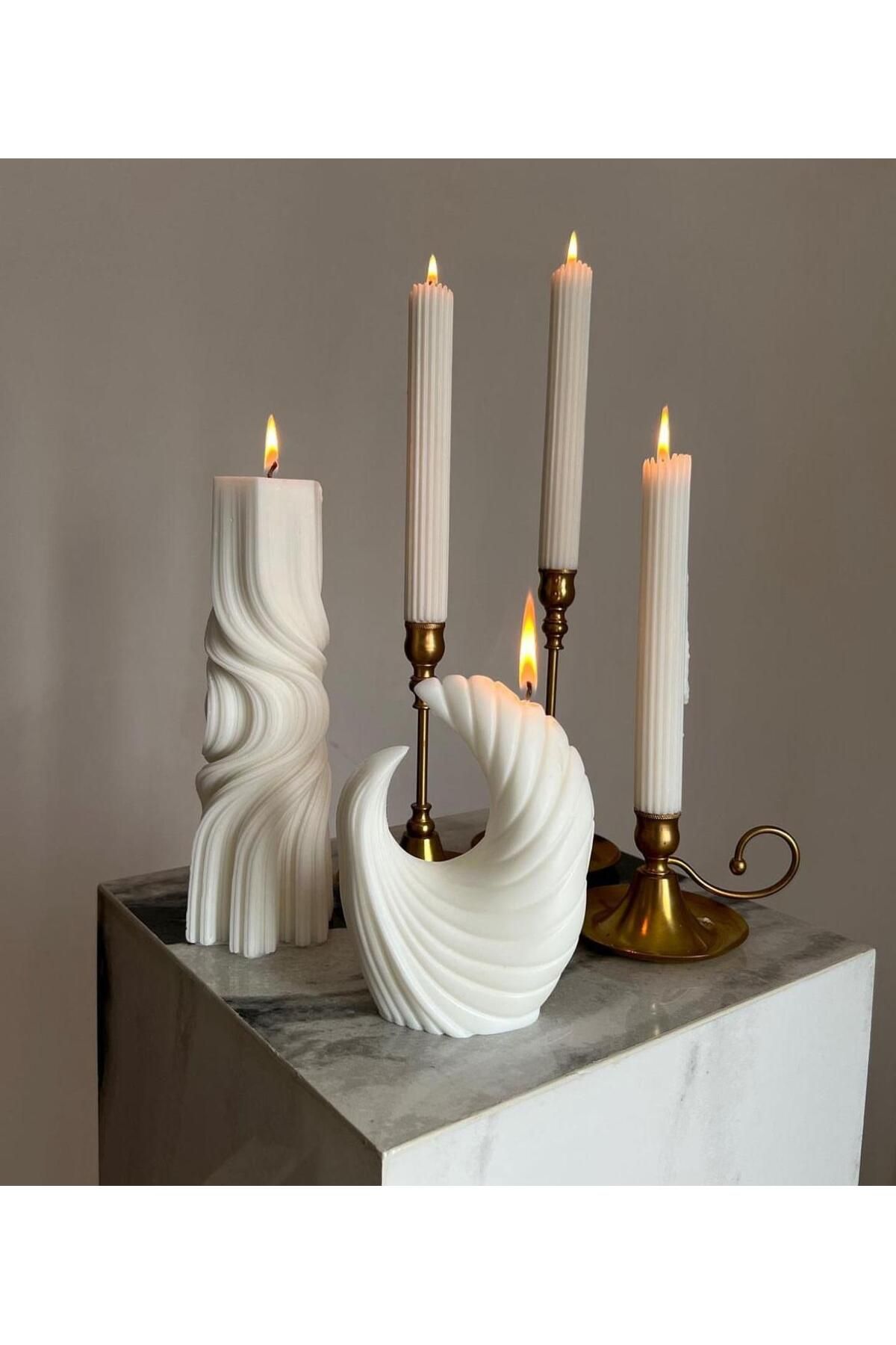 SCA CANDLE Dekoratif Mum Dalga mode+Ay+Çizgili şamdanlık mum toplam 3 parça kırık Beyaz renk