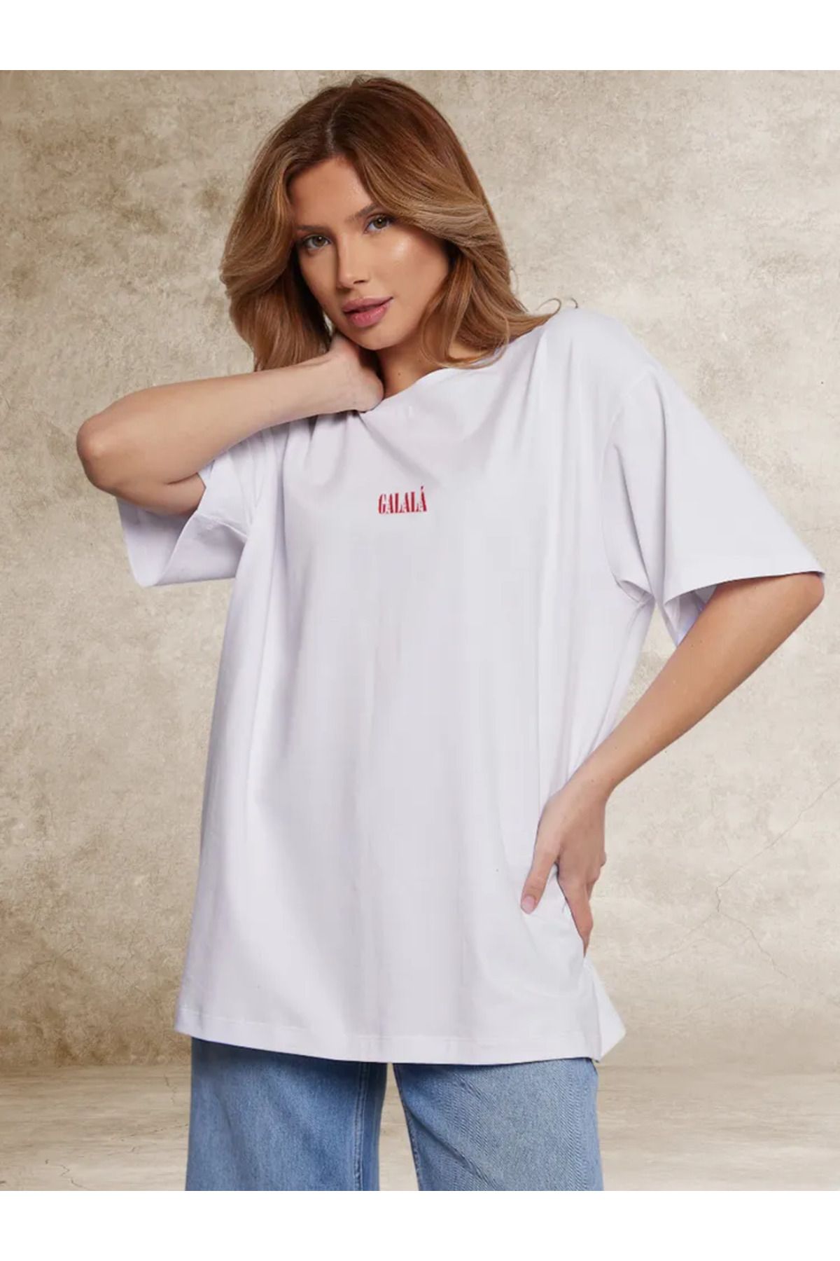 ELNOYA Unisex Pamuklu Beyaz Oversize "Galala" Baskılı Bisiklet Yaka Şık & Rahat T-shirt
