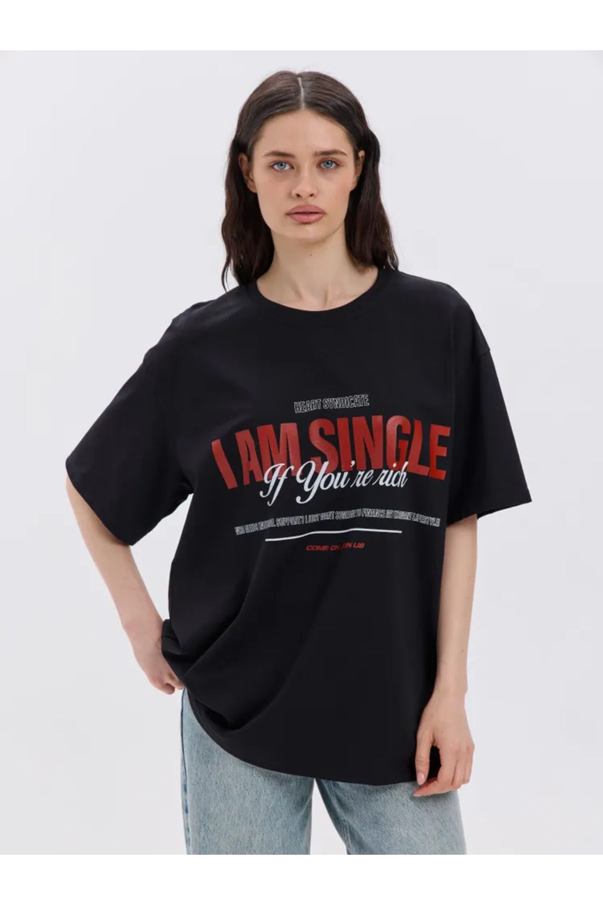 ELNOYA Unisex Pamuklu Siyah Oversize "I Am Single" Baskılı Bisiklet Yaka Rahat T-shirt