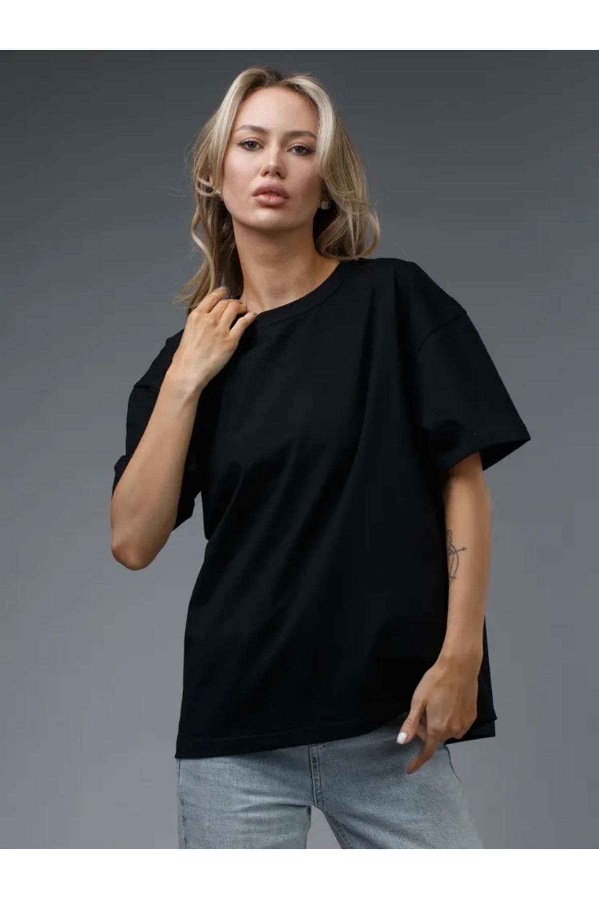 ELNOYA Unisex Pamuklu Siyah Oversize Sade Bisiklet Yaka Günlük Rahat T-shirt