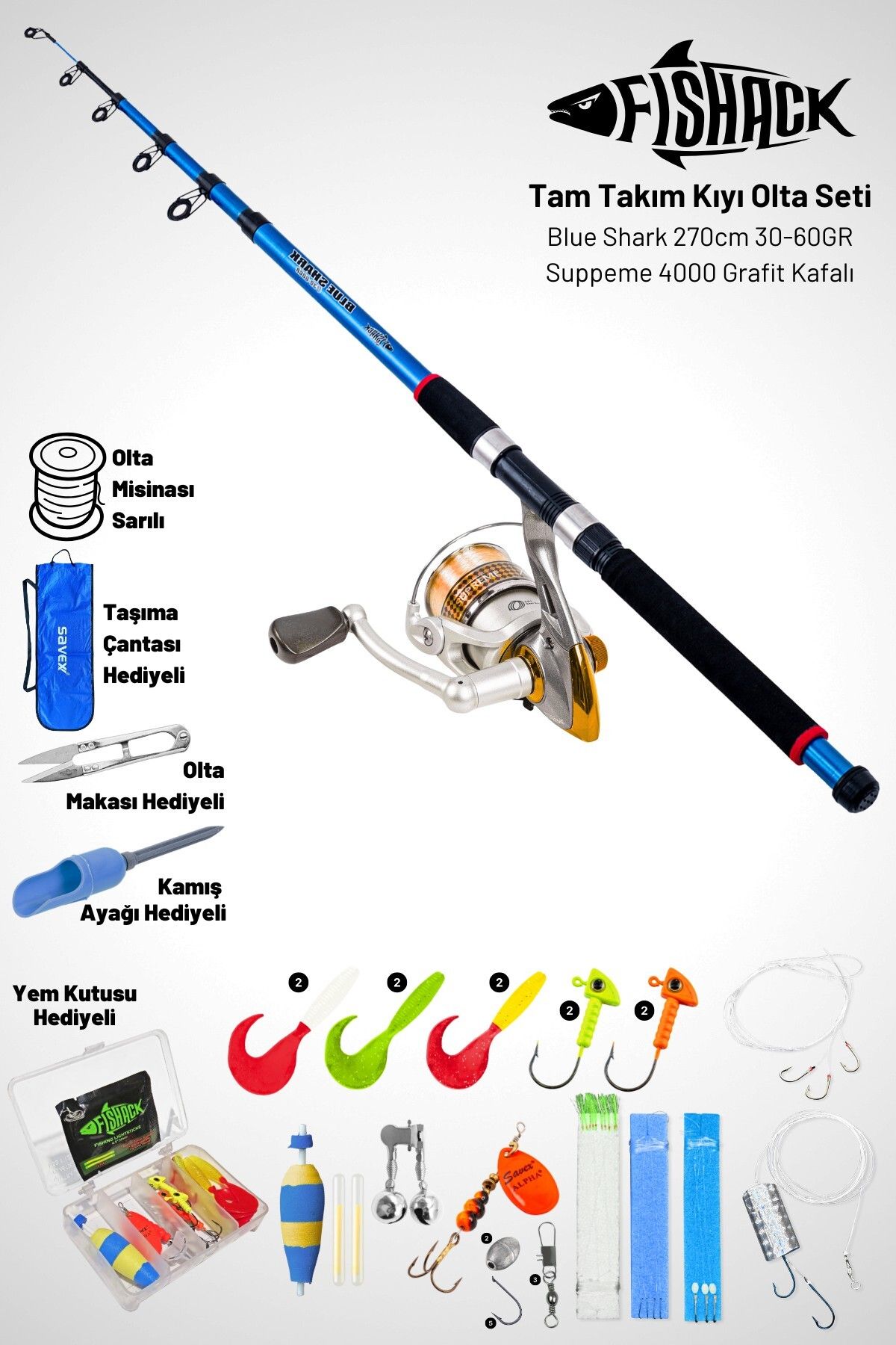 Fishack Tam Takım Kıyı Olta Seti - 270cm Kamış 30-60gr / 4000’lik Suppeme Olta Makinesi - Taşıma Çantalı