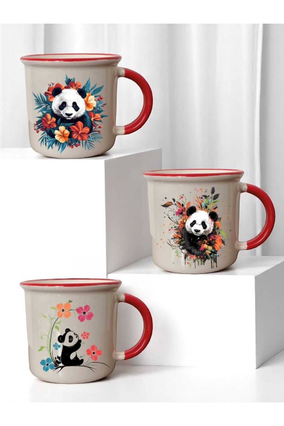 lili hediyelik Panda ve Çiçek Baskılı Ağzı Kırmızı 3'lü Seramik Kupa Bardak
