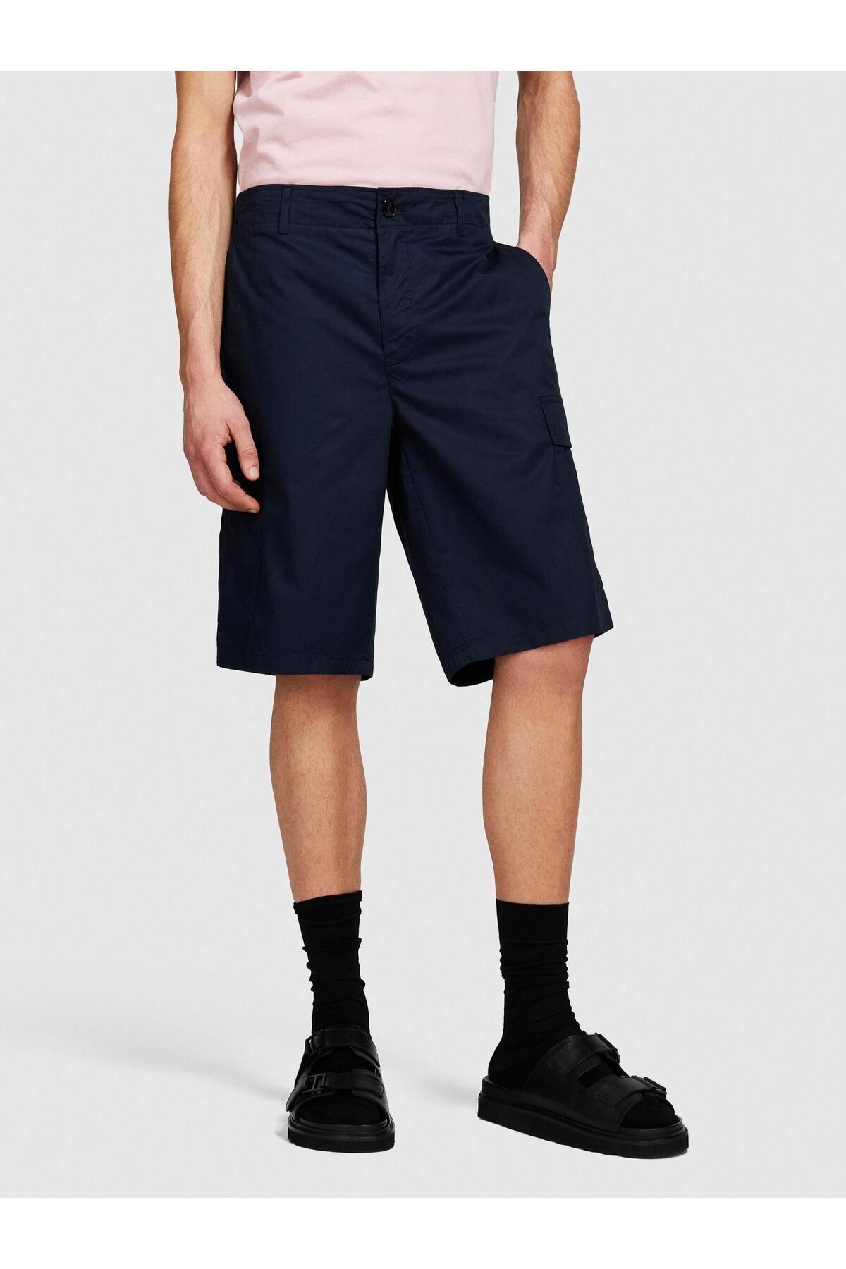 Sisley %100 Pamuk Yama Cepli Kemer Delikli Kargo Bermuda Şort Erkek Lacivert Şort - 324P4IUKS9015