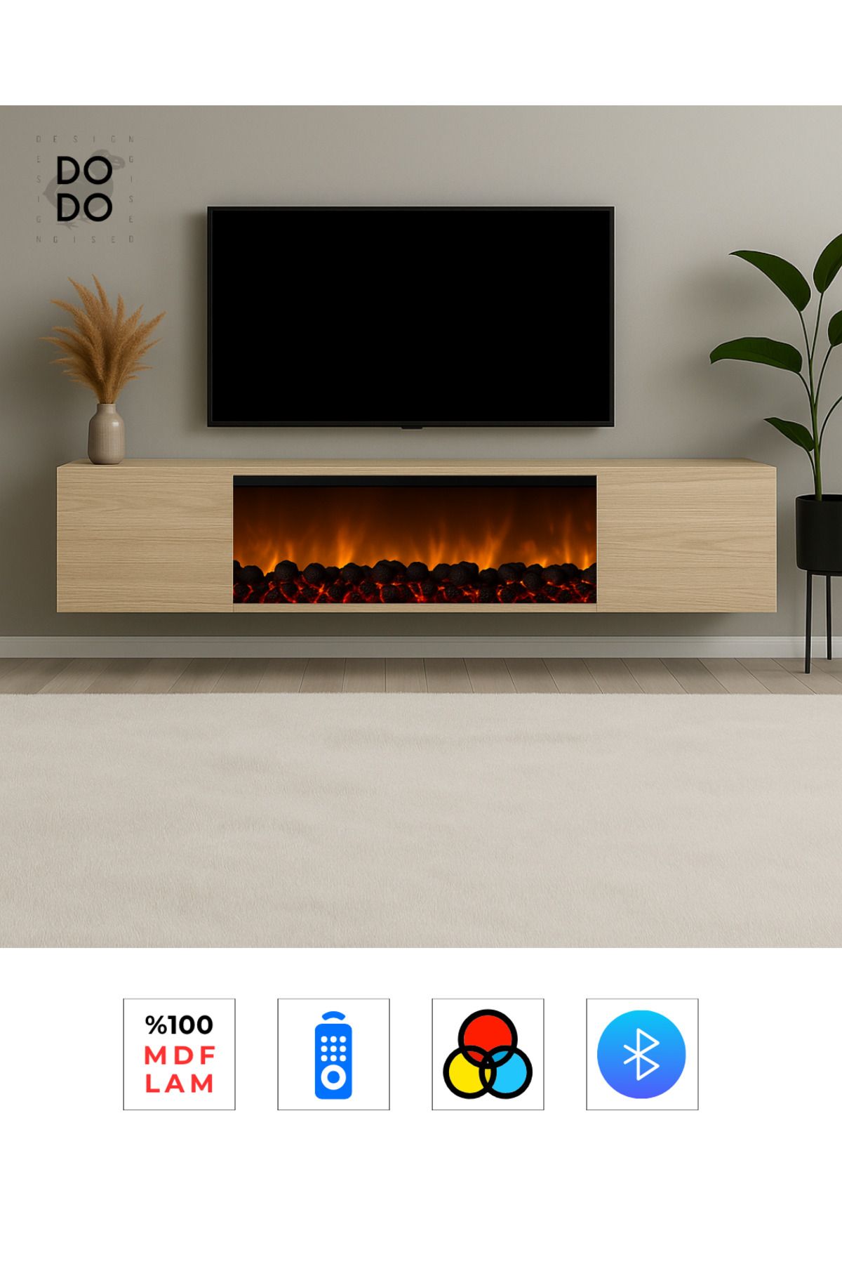 Dodo İç Mimarlık & Mobilya Tasarım PEMA ŞÖMİNELİ DUVARA MONTE TV ÜNİTESİ MDF 180 CM RENK MODU BLUETOOTH UZAKTAN KUMANDALI