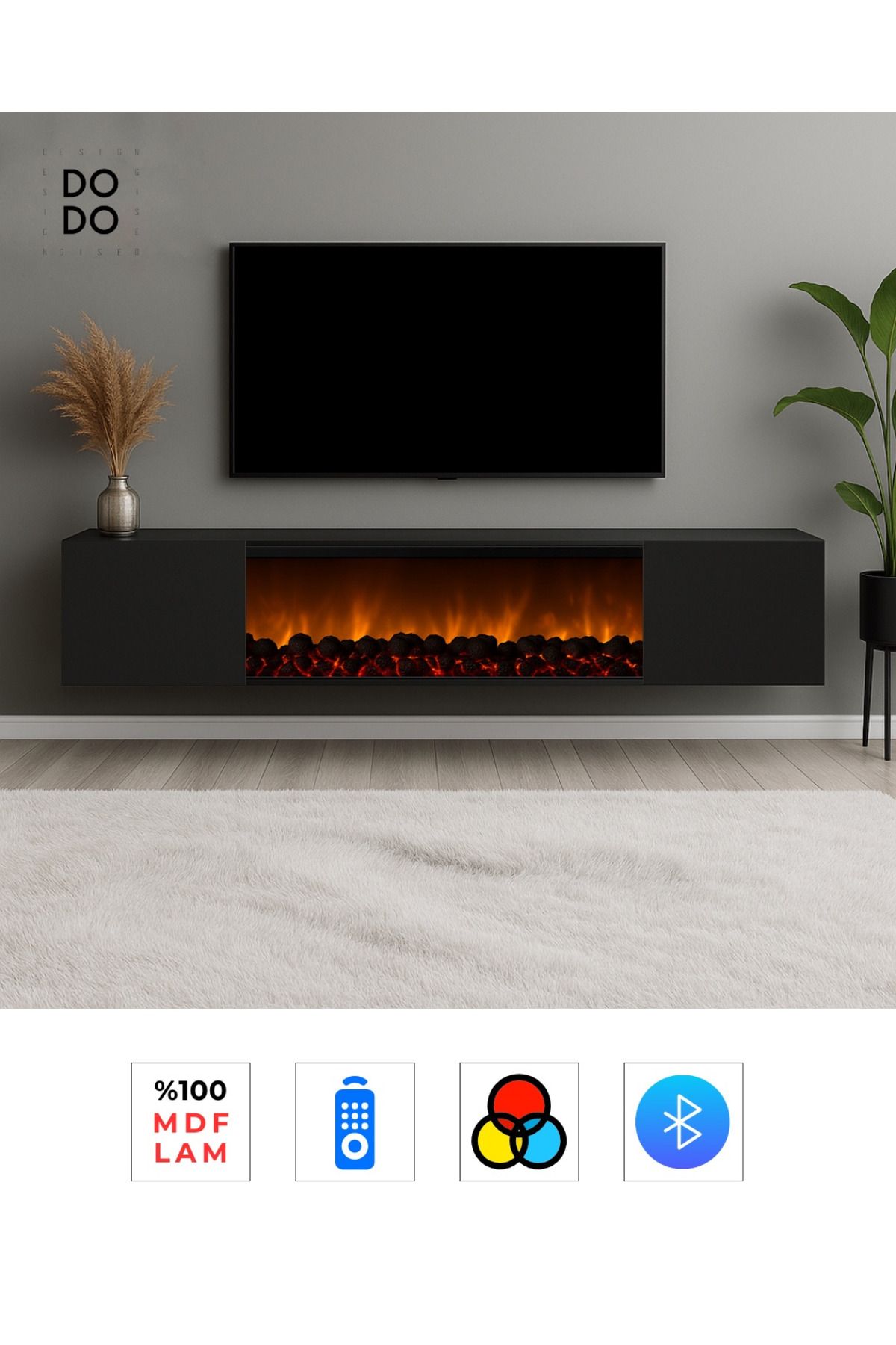 Dodo İç Mimarlık & Mobilya Tasarım PEMA ŞÖMİNELİ DUVARA MONTE TV ÜNİTESİ MDF 180 CM RENK MODU BLUETOOTH UZAKTAN KUMANDALI