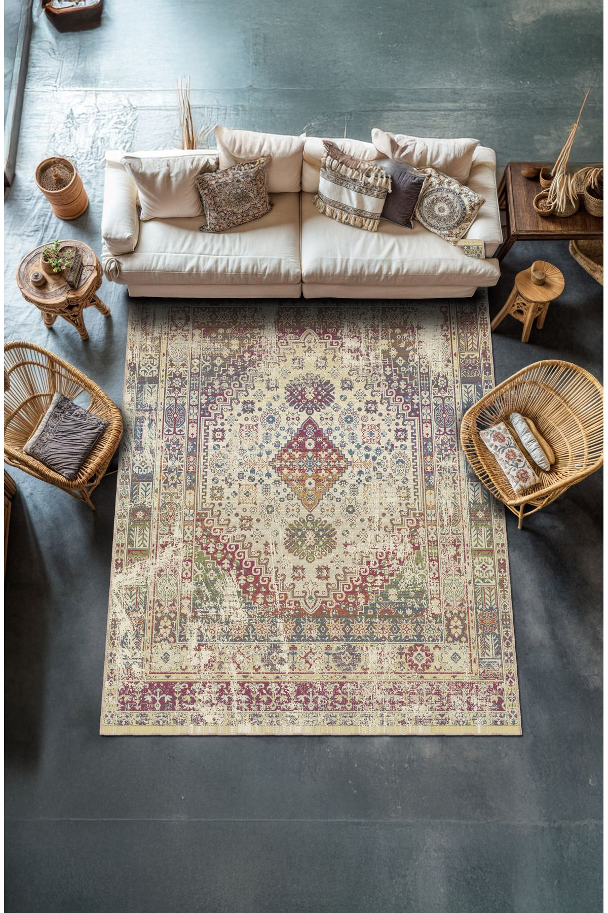 BigArts Home Makinede Yıkanabilir Kaymaz Taban Leke Tutmaz Etnik Salon Halısı Mutfak Halısı ve Yolluk