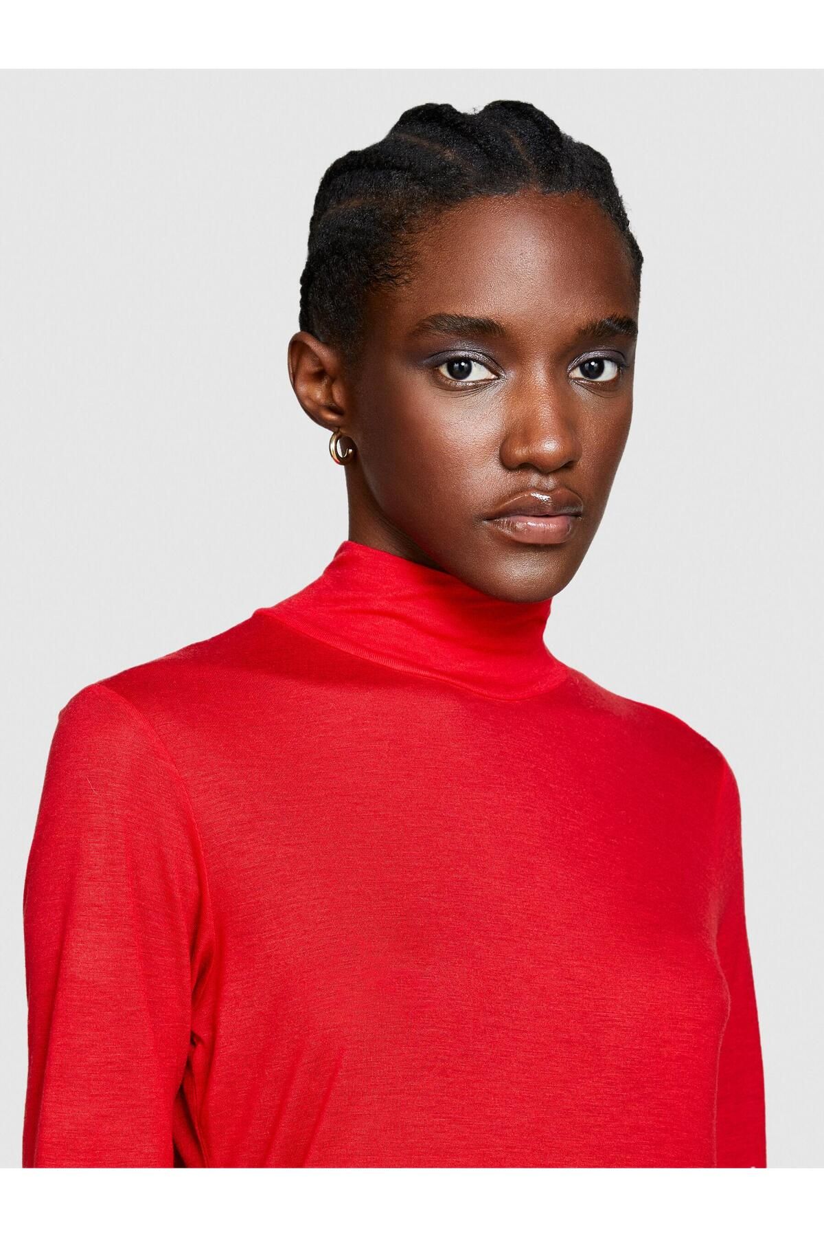 Sisley Yün Karışımlı Dik Yaka T-Shirt Kadın Kırmızı T-Shirt - 323A3N1WL104F