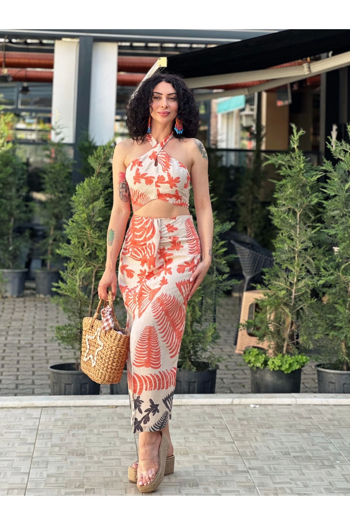 Style TURUNCU DESENLİ ETEK CROP TAKIM