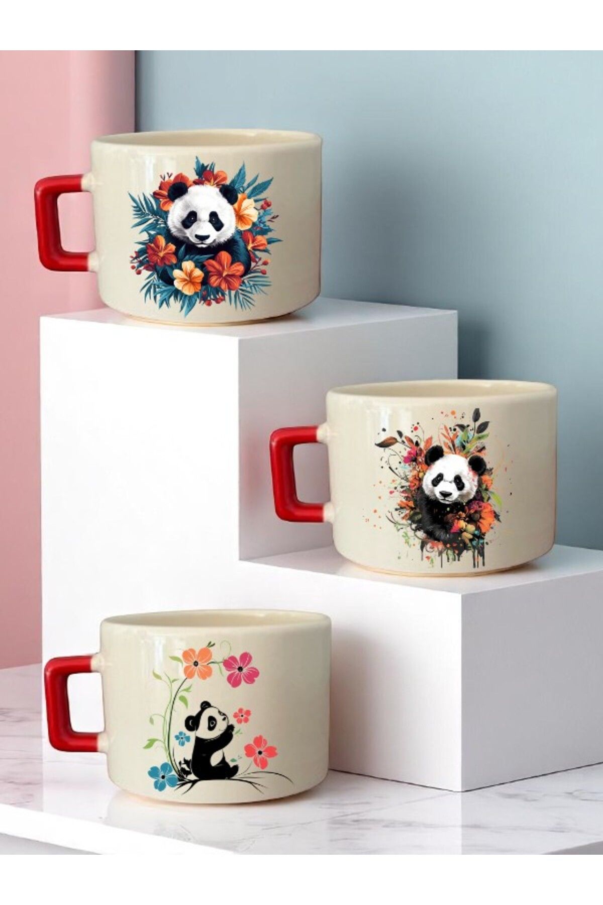 lili hediyelik Panda ve Çiçek Baskılı Seramik Kahve Bardağı Hediyelik Kupa Bardak