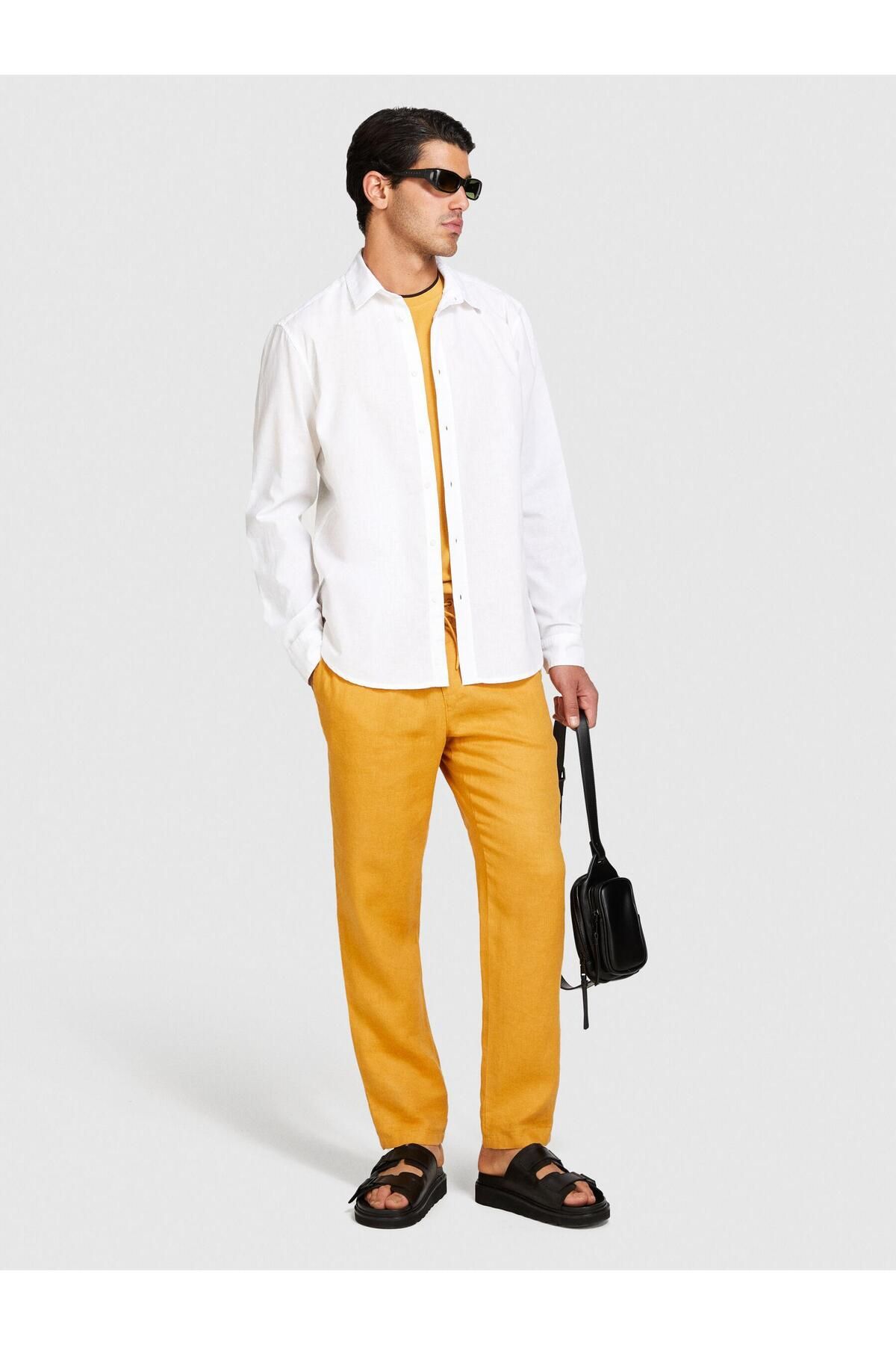 Sisley Keten Pamuk Karışımlı Slim Fit Gömlek Erkek Beyaz Gömlek - 324P59A2SQ03G