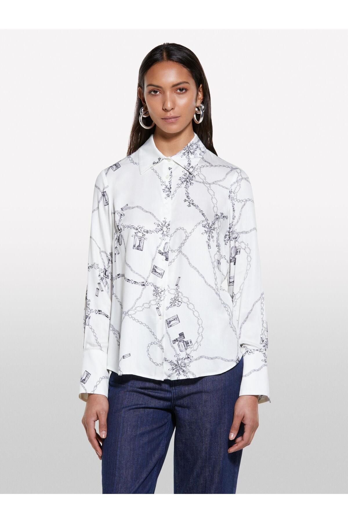 Sisley %100 Viskoz Desenli Regular Fit Gömlek Kadın Krem Mix Gömlek - 325P5PHVLQFF7