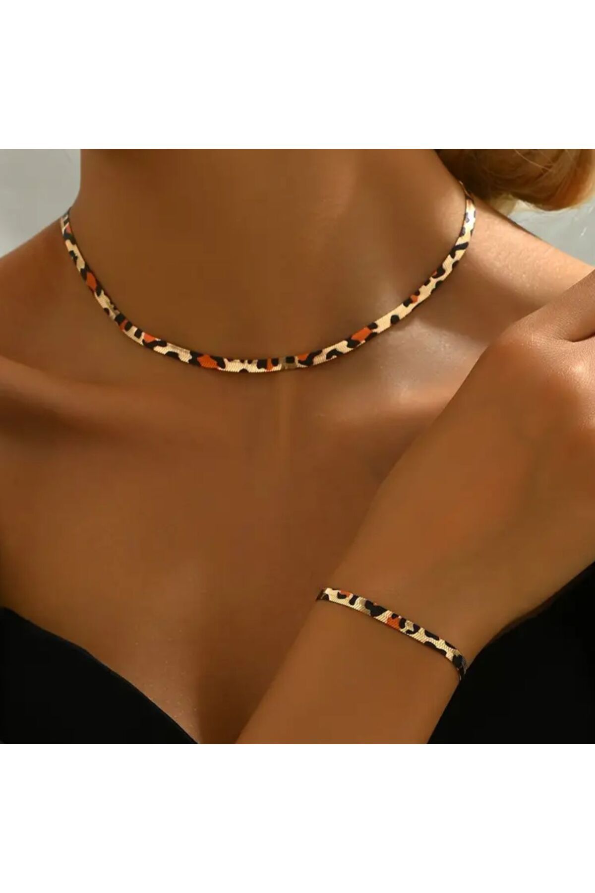 Yıldız Accessory Vintage Boho Tarzı Leopar Baskılı Yılan Zincir Kolye ve Bileklik Seti Moda Takı Günlük Hediye Kadın