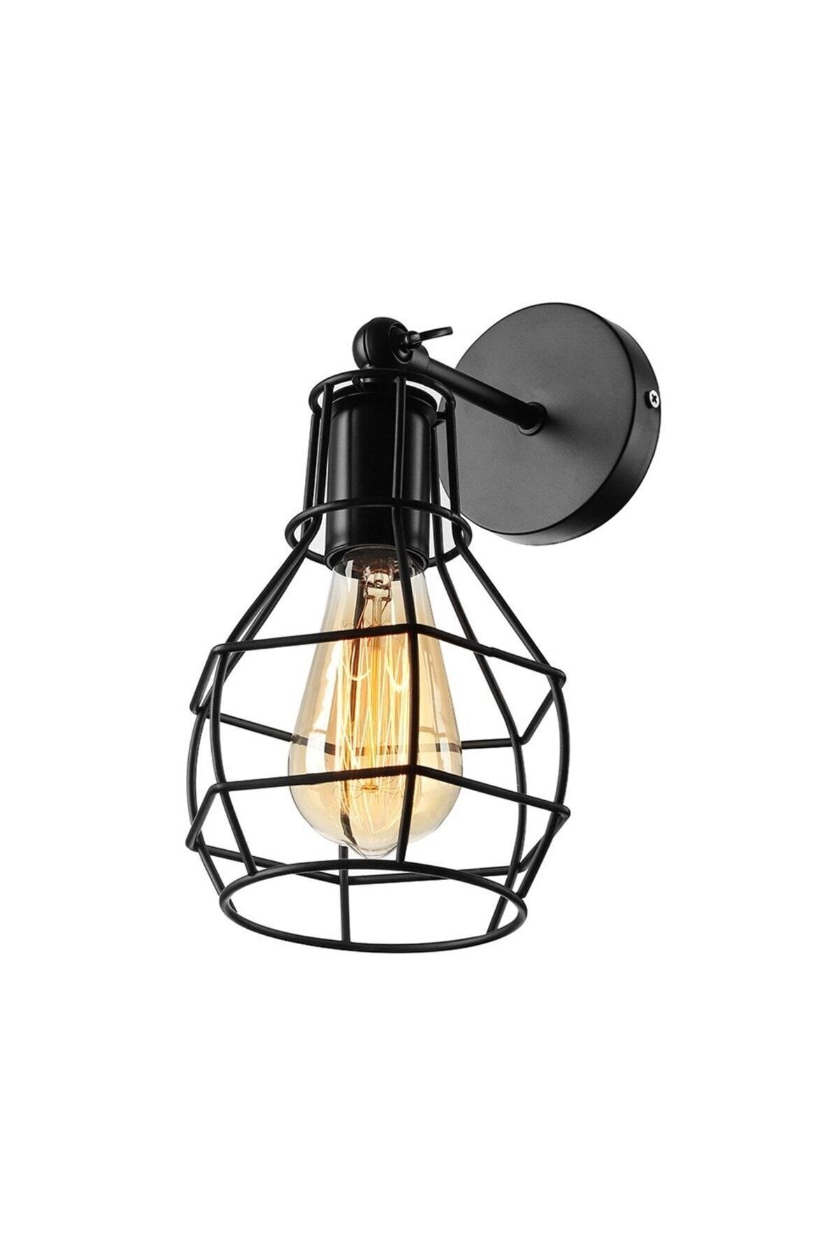 SerenityHaven RETRO1,RUSTİK,VİNTAGE SİYAH KAFES 1XE27 DUYLU METAL DUVAR APLİK
