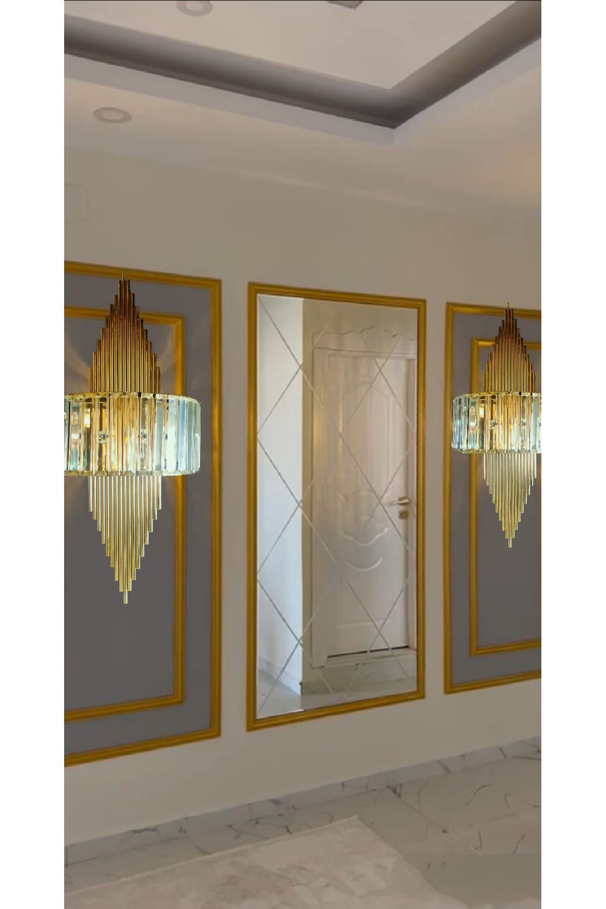 SerenityHaven Kristal Taşlı (70*30)cm Sarı ve Gümüş Pilli Aplikler