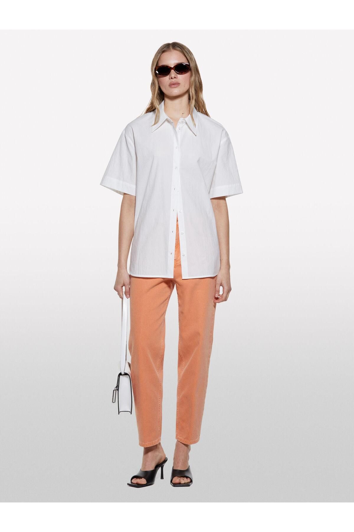 Sisley %100 Pamuk Kısa Kollu Poplin Gömlek Kadın Beyaz Gömlek - 325P52EHLQ094