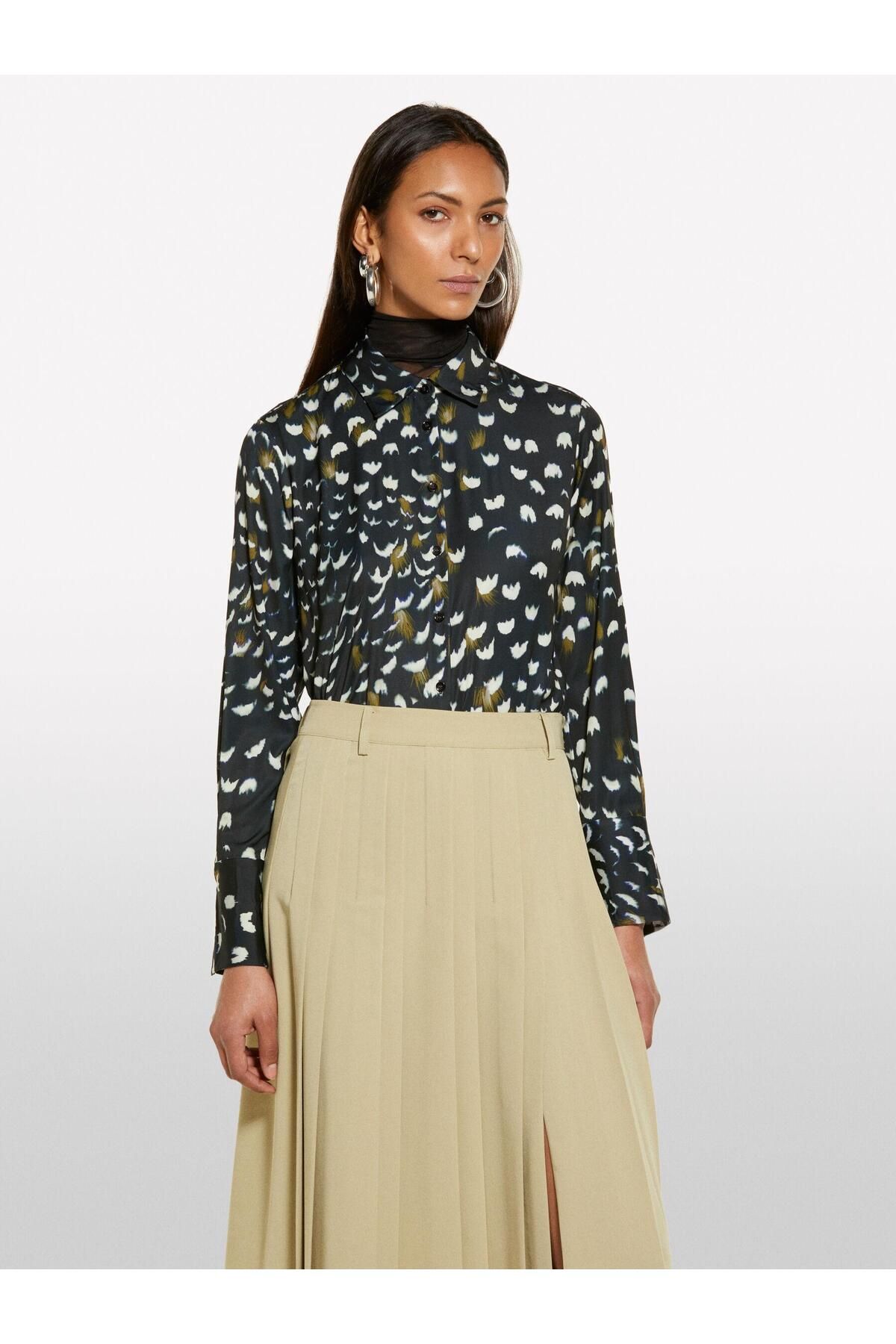 Sisley Desenli Saten Regular Fit Gömlek Kadın Siyah Mix Gömlek - 325P5V2SLQ025