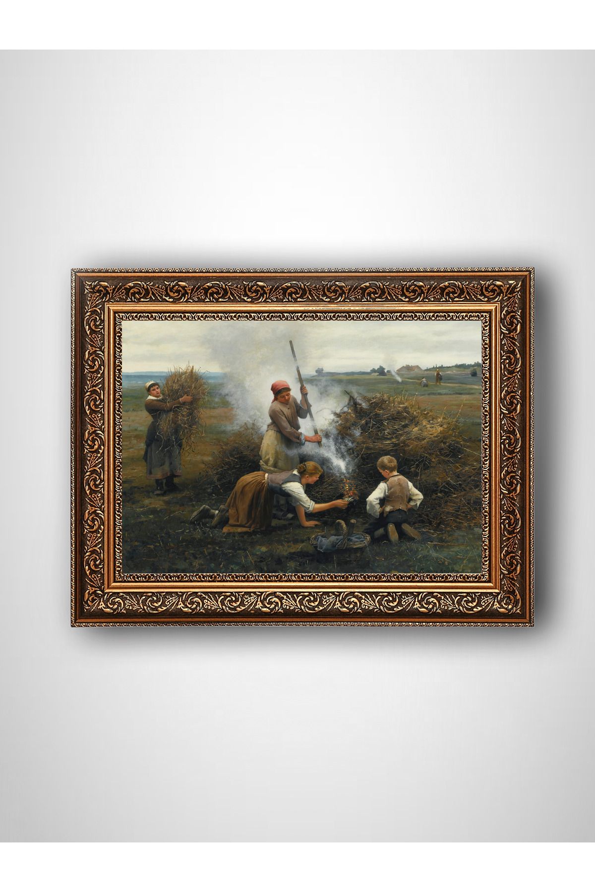 WoodyArts Tarlada Çalışan İnsanlar - Altın Renkli Vintage Çerçeve