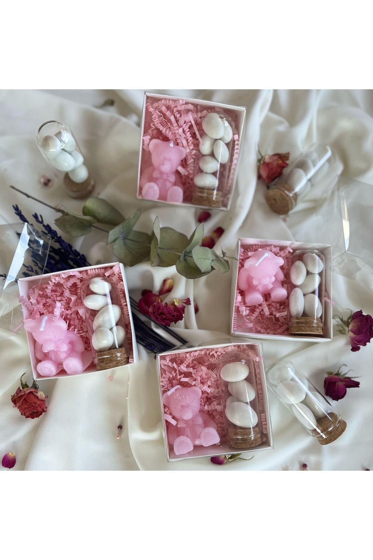 CEA Bebek Hediyelikleri - (10 ADET) Pembe Ayıcık Mum ve Badem Şekeri Şişesi Seti